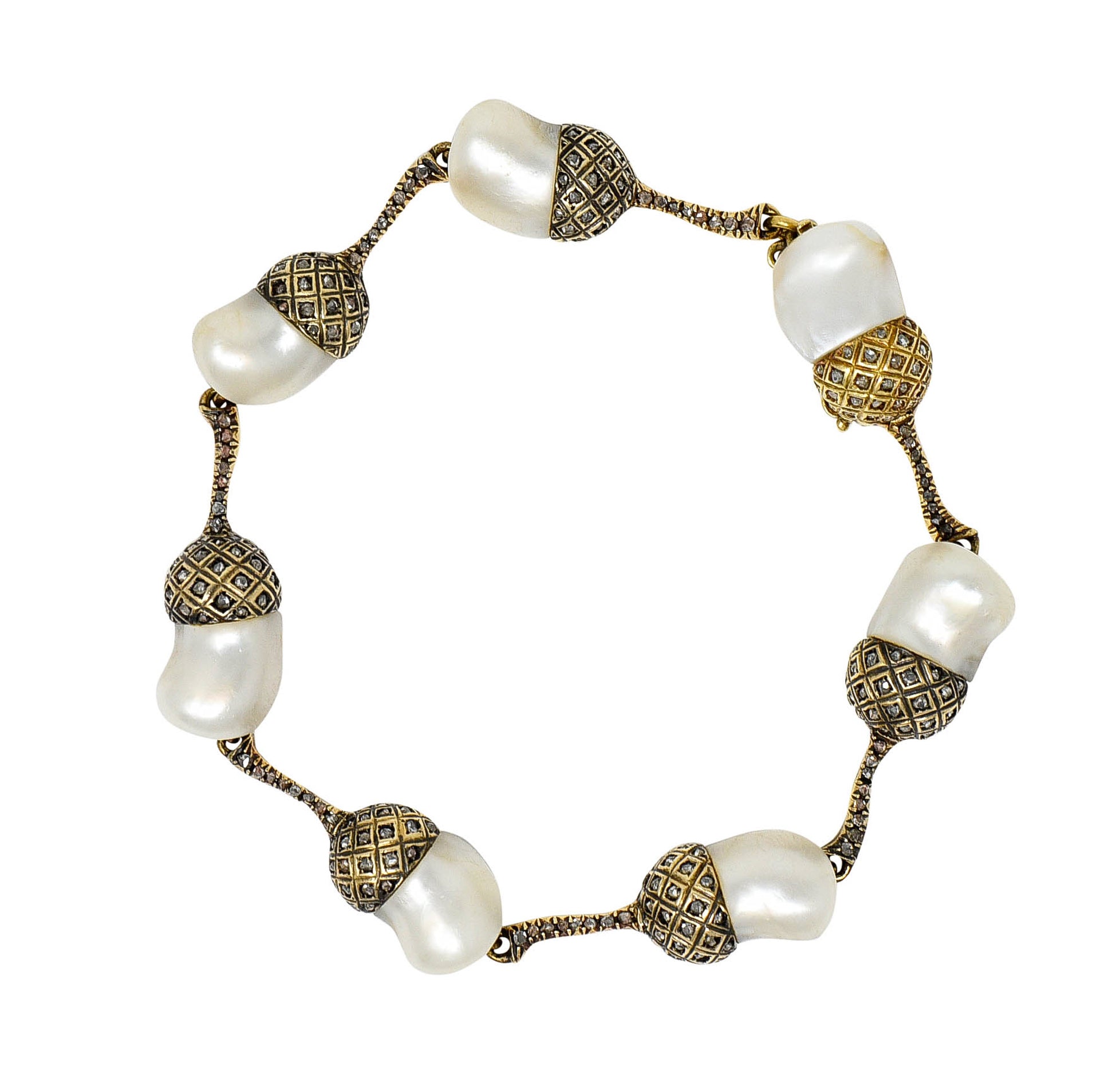 1910 Edwardian Russian Baroque Pearl Diamond 14 Karat Gold Acorn Link Braceletbracelet - Wilson's Estate Jewelry