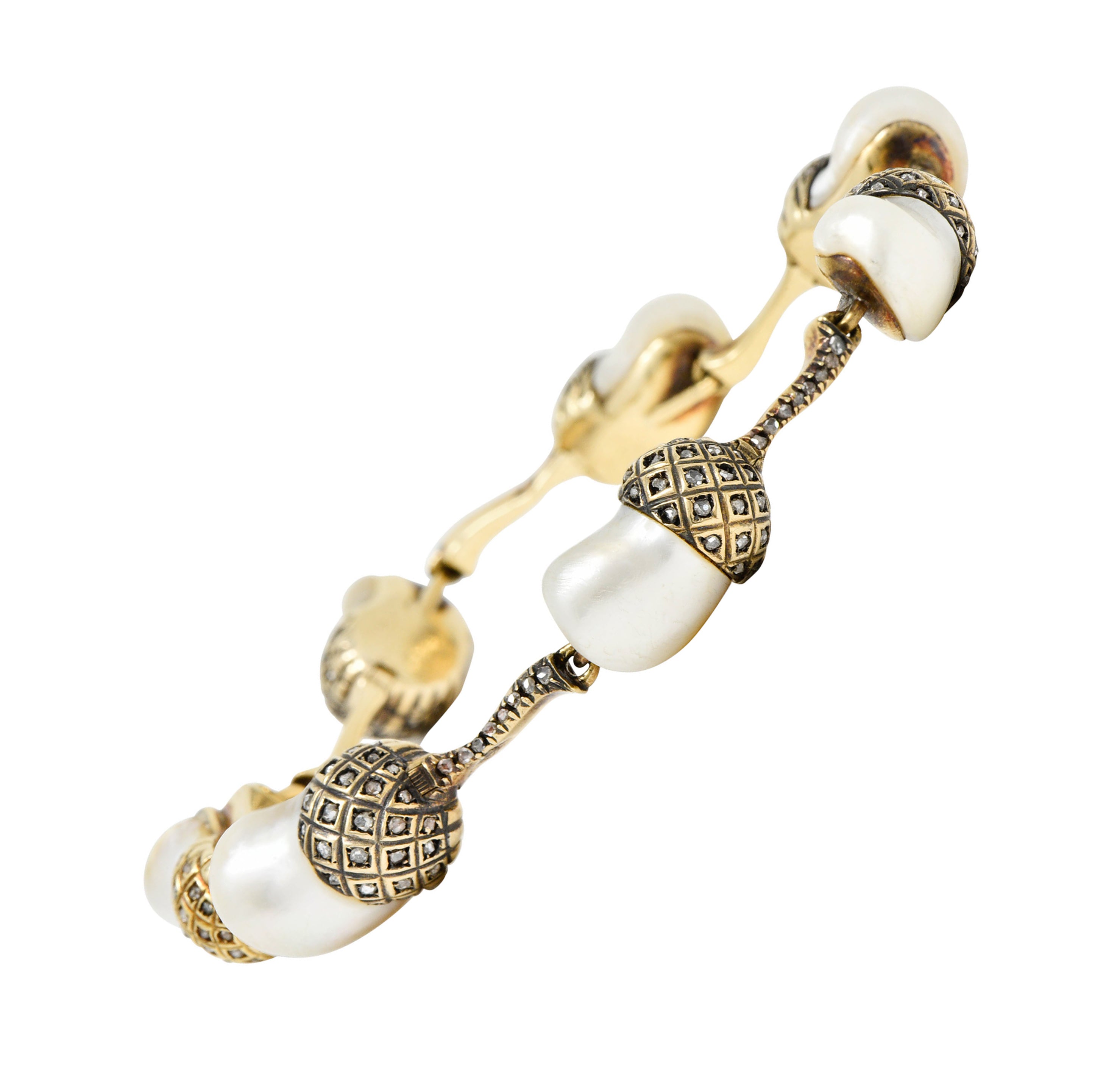 1910 Edwardian Russian Baroque Pearl Diamond 14 Karat Gold Acorn Link Braceletbracelet - Wilson's Estate Jewelry