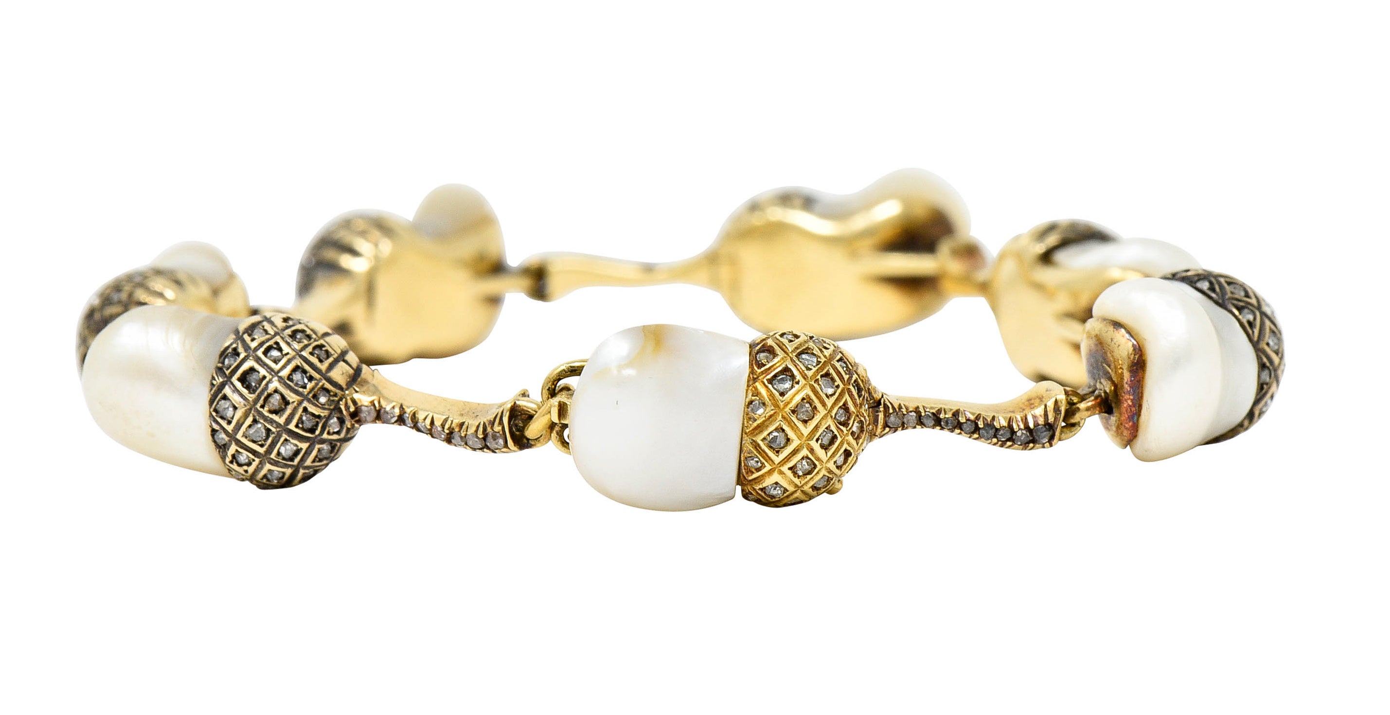 1910 Edwardian Russian Baroque Pearl Diamond 14 Karat Gold Acorn Link Braceletbracelet - Wilson's Estate Jewelry