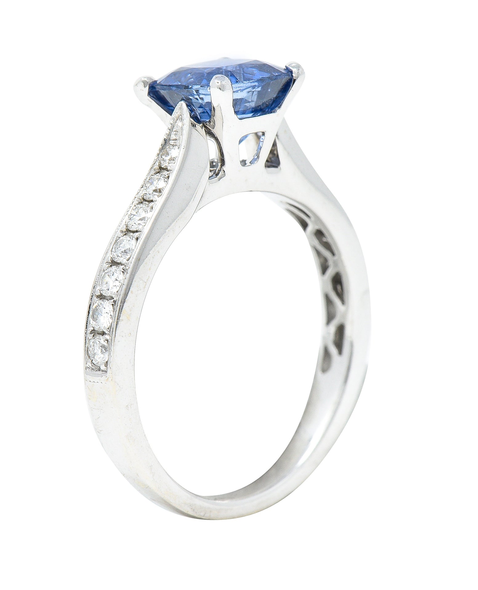 .11111 Contemporary 1.38 CTW Cushion Sapphire Diamond 18 Karat White Gold Gemstone Ring Wilson's Estate Jewelry