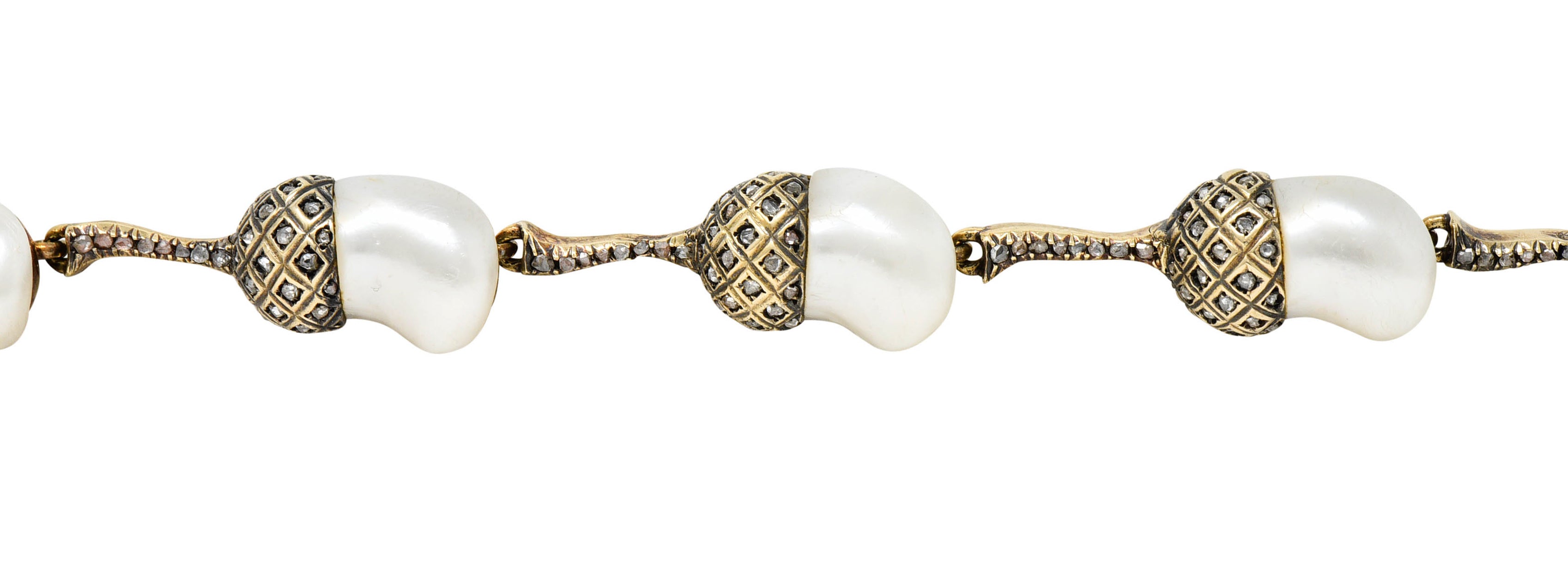 1910 Edwardian Russian Baroque Pearl Diamond 14 Karat Gold Acorn Link Braceletbracelet - Wilson's Estate Jewelry