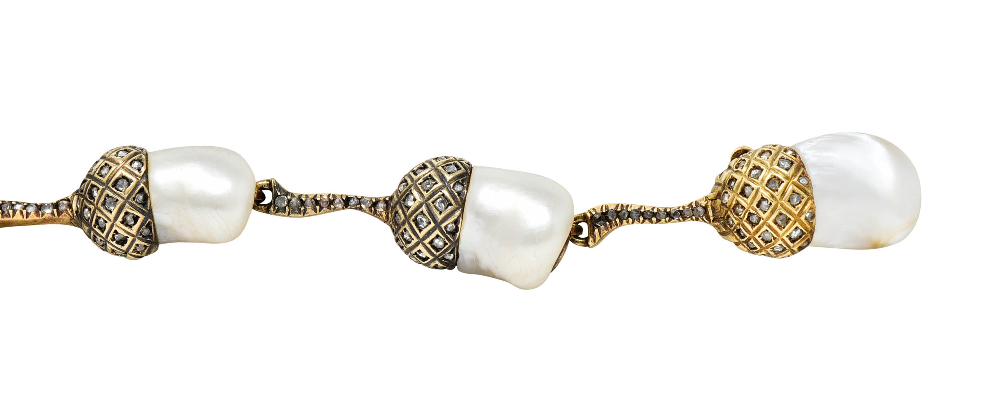 1910 Edwardian Russian Baroque Pearl Diamond 14 Karat Gold Acorn Link Braceletbracelet - Wilson's Estate Jewelry