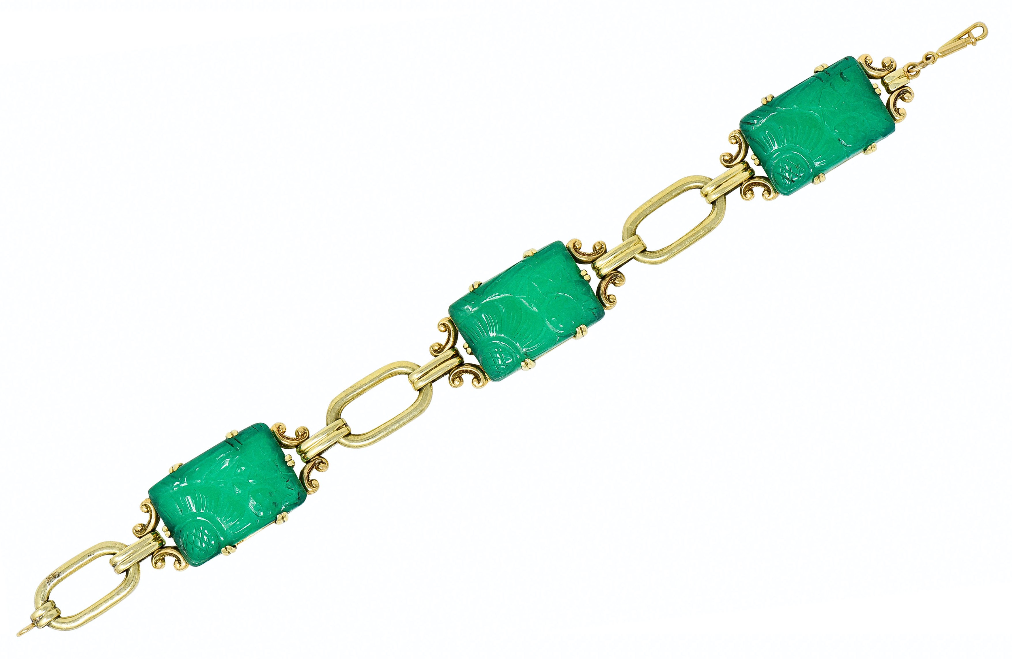 Art Deco Carved Chrysoprase 14 Karat Gold Link Bracelet Circa 1930 - Wilson's Estate Jewelry