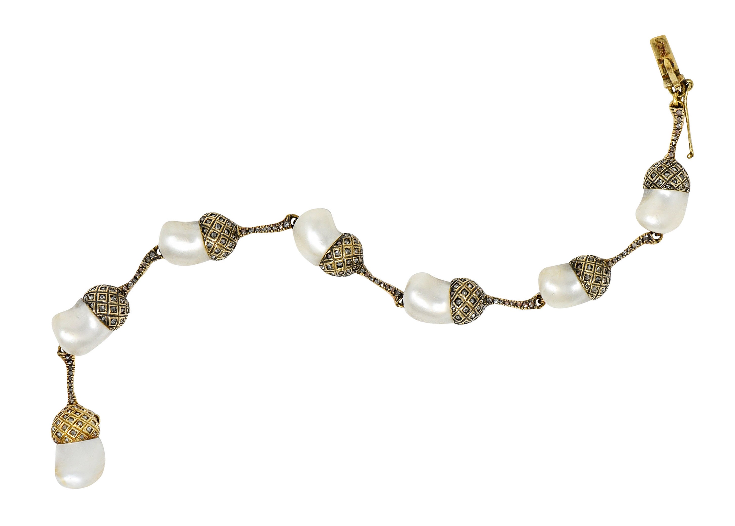 1910 Edwardian Russian Baroque Pearl Diamond 14 Karat Gold Acorn Link Braceletbracelet - Wilson's Estate Jewelry