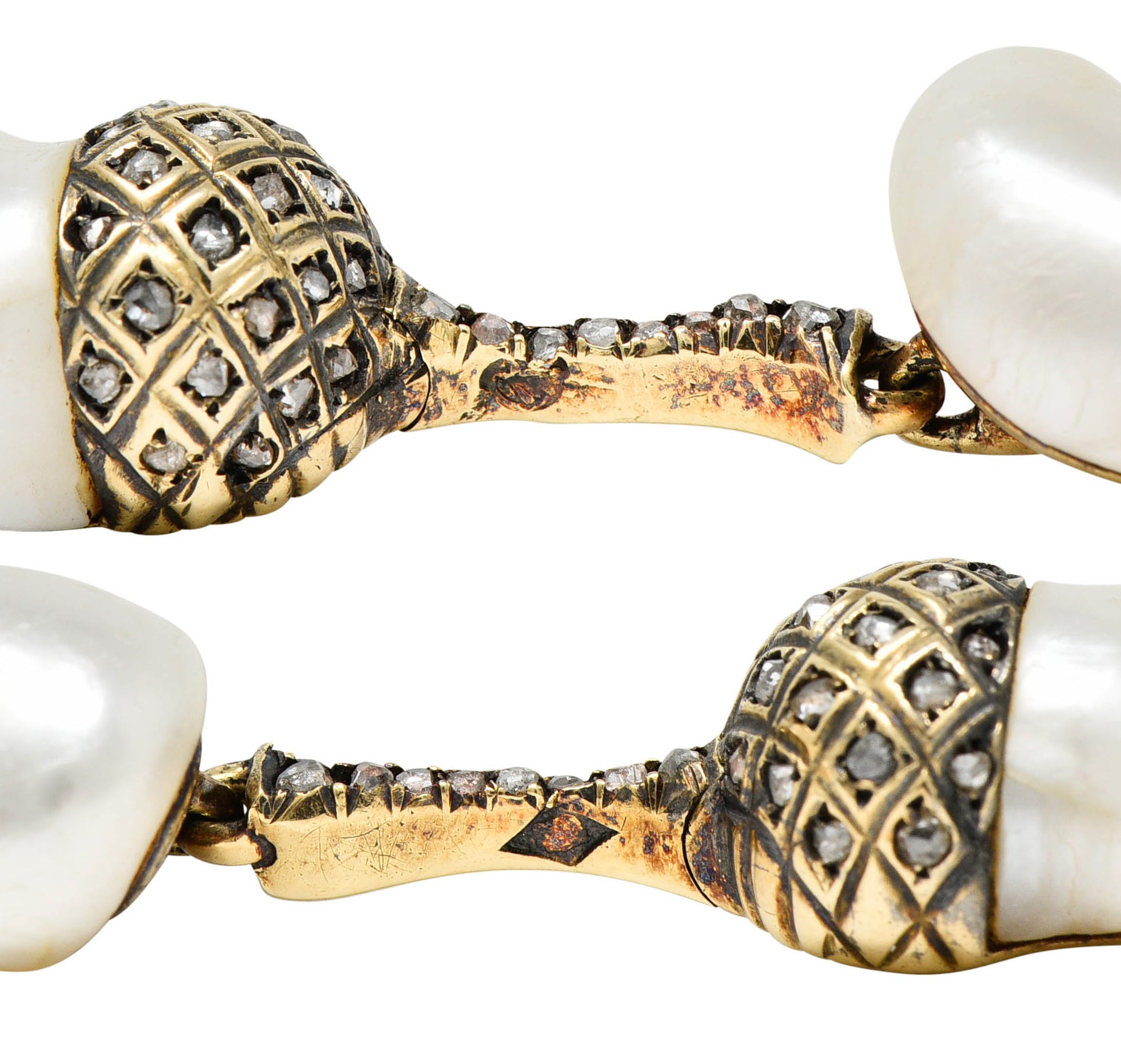 1910 Edwardian Russian Baroque Pearl Diamond 14 Karat Gold Acorn Link Braceletbracelet - Wilson's Estate Jewelry