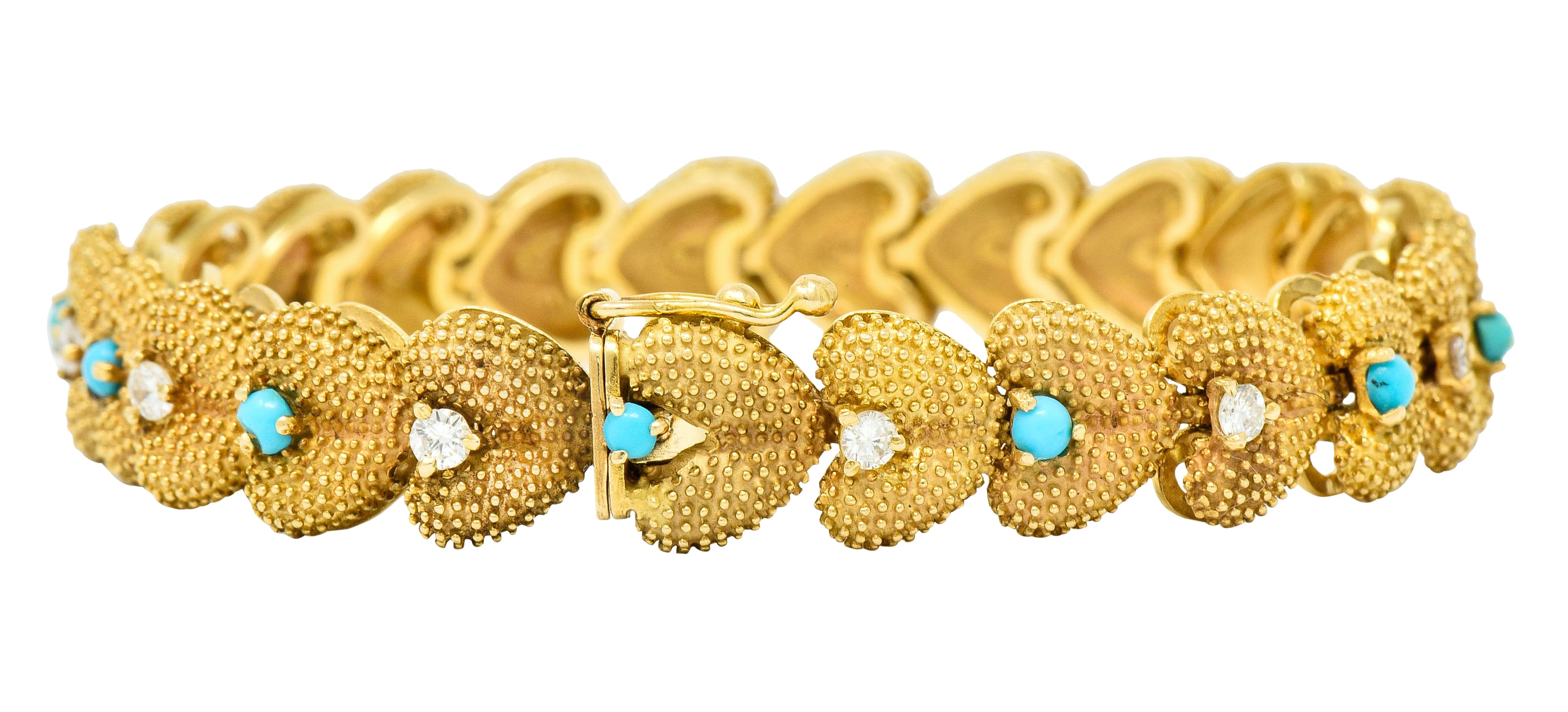 1960's House of La Triomphe Diamond Turquoise 14 Karat Gold Heart Link Bracelet - Wilson's Estate Jewelry