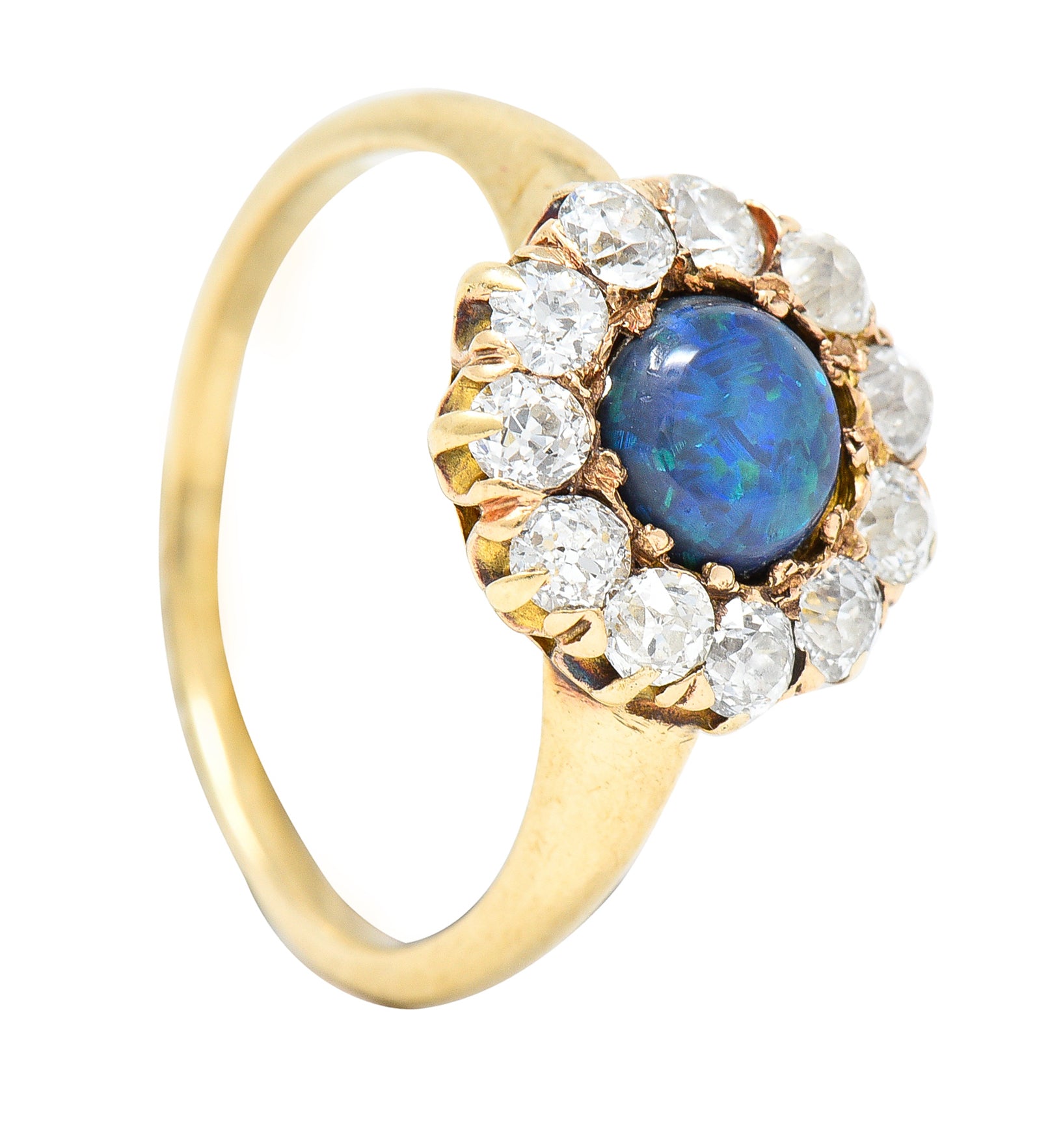 Victorian 0.88 CTW Black Opal Cabochon Old European Cut Diamond 14 Karat Yellow Gold Antique Halo Ring Wilson's Estate Jewelry