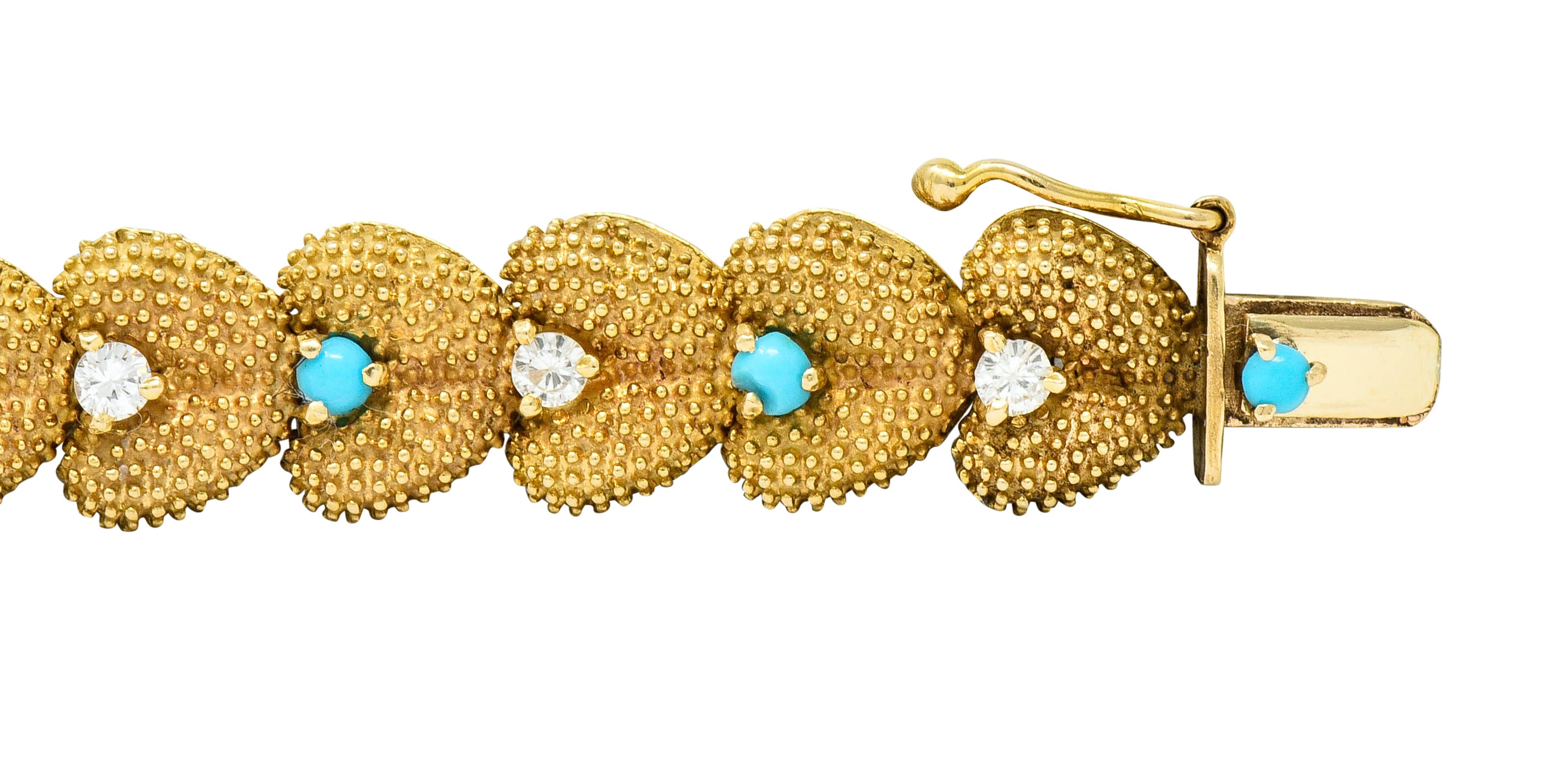 1960's House of La Triomphe Diamond Turquoise 14 Karat Gold Heart Link Bracelet - Wilson's Estate Jewelry