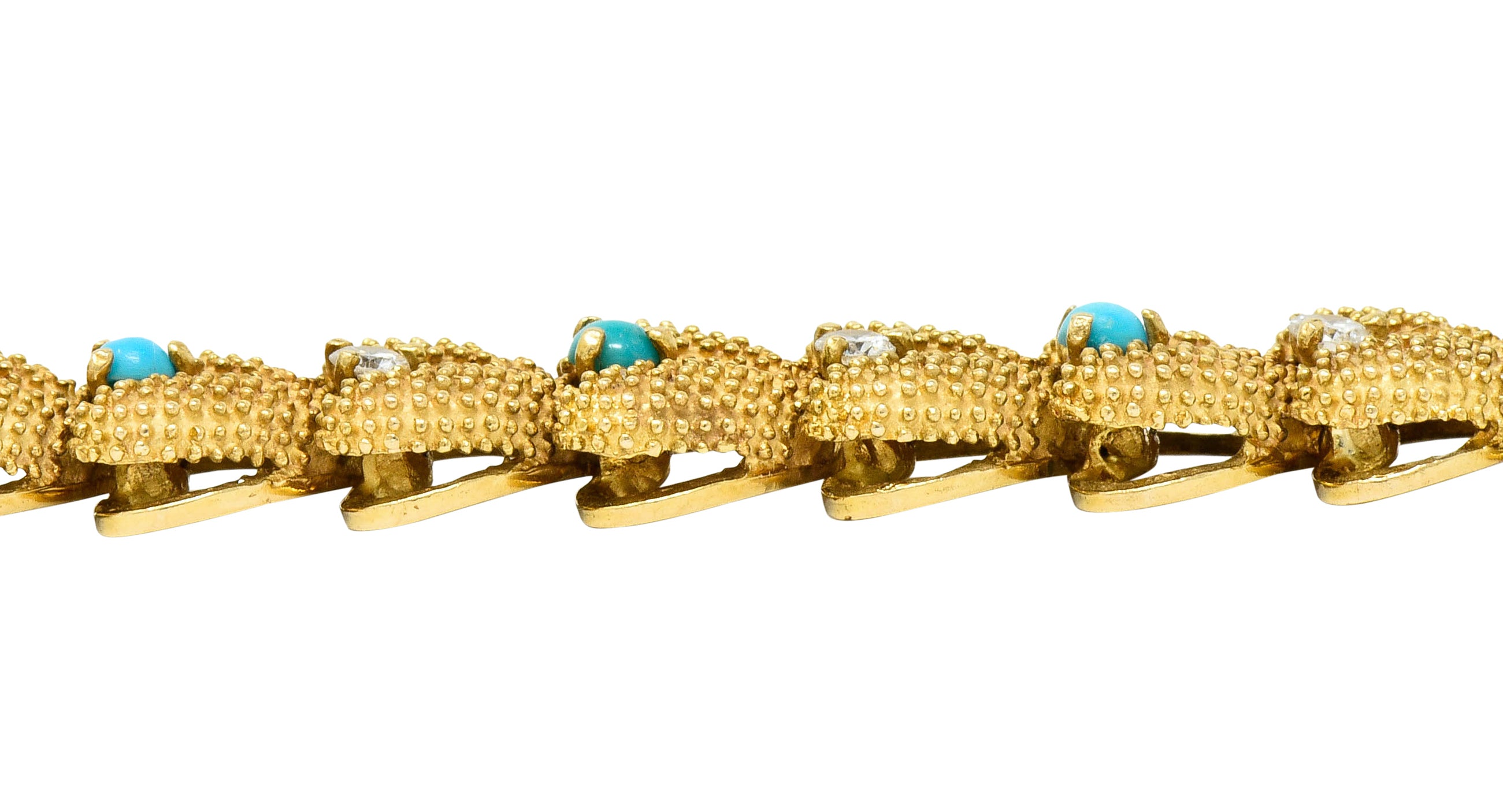 1960's House of La Triomphe Diamond Turquoise 14 Karat Gold Heart Link Bracelet - Wilson's Estate Jewelry