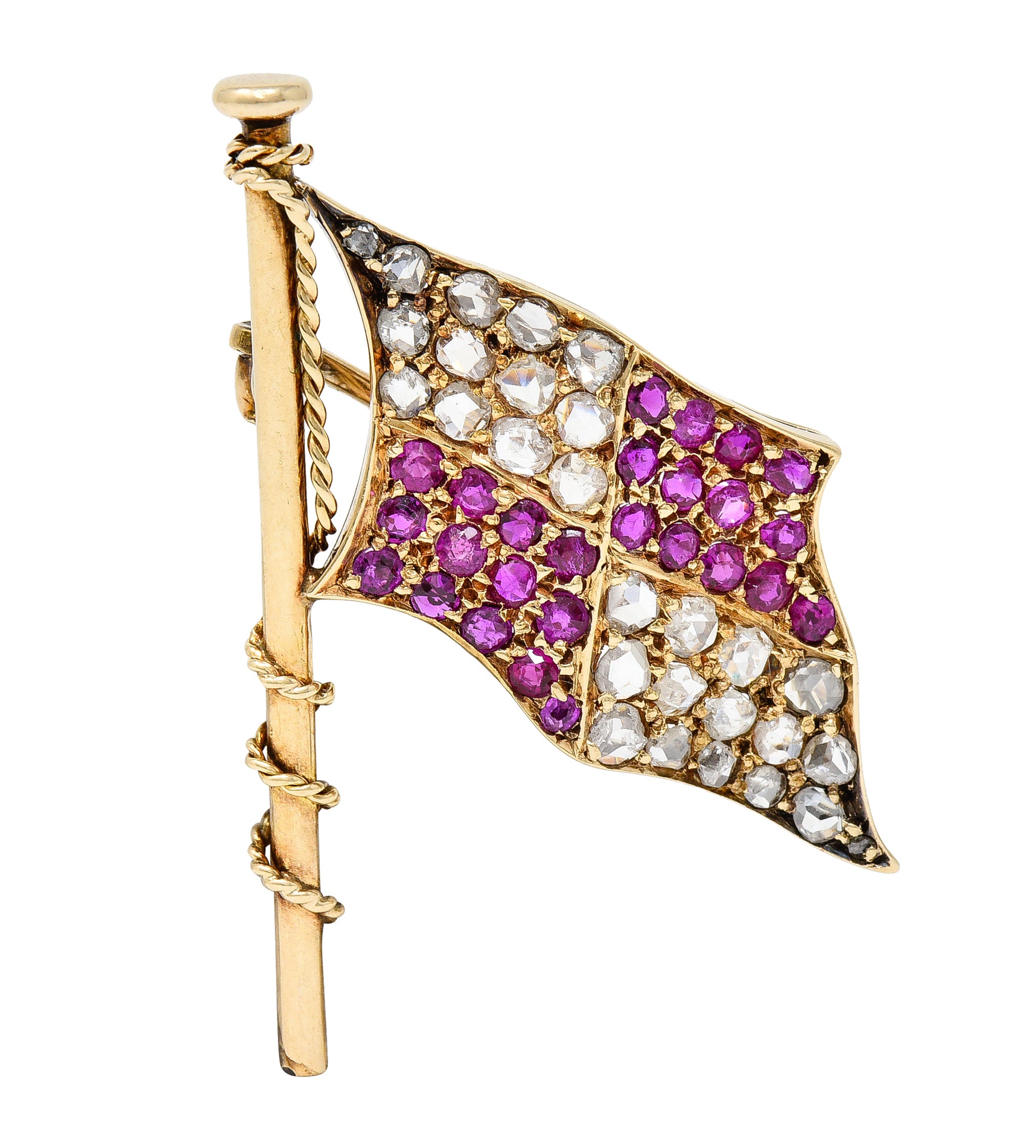 Victorian 1.78 CTW Ruby Diamond 14 Karat Gold Maritime Flag Antique Brooch