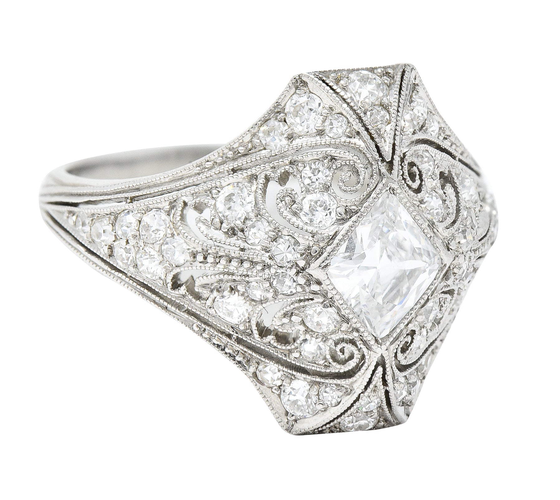 .11111 Edwardian 1.14 CTW French Cut Diamond Platinum Scrolling Antique Dinner Ring Wilson's Estate Jewelry