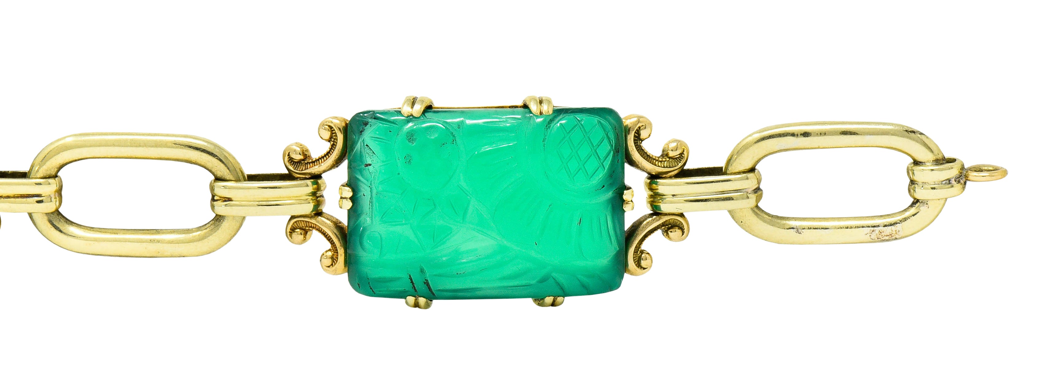 Art Deco Carved Chrysoprase 14 Karat Gold Link Bracelet Circa 1930 - Wilson's Estate Jewelry