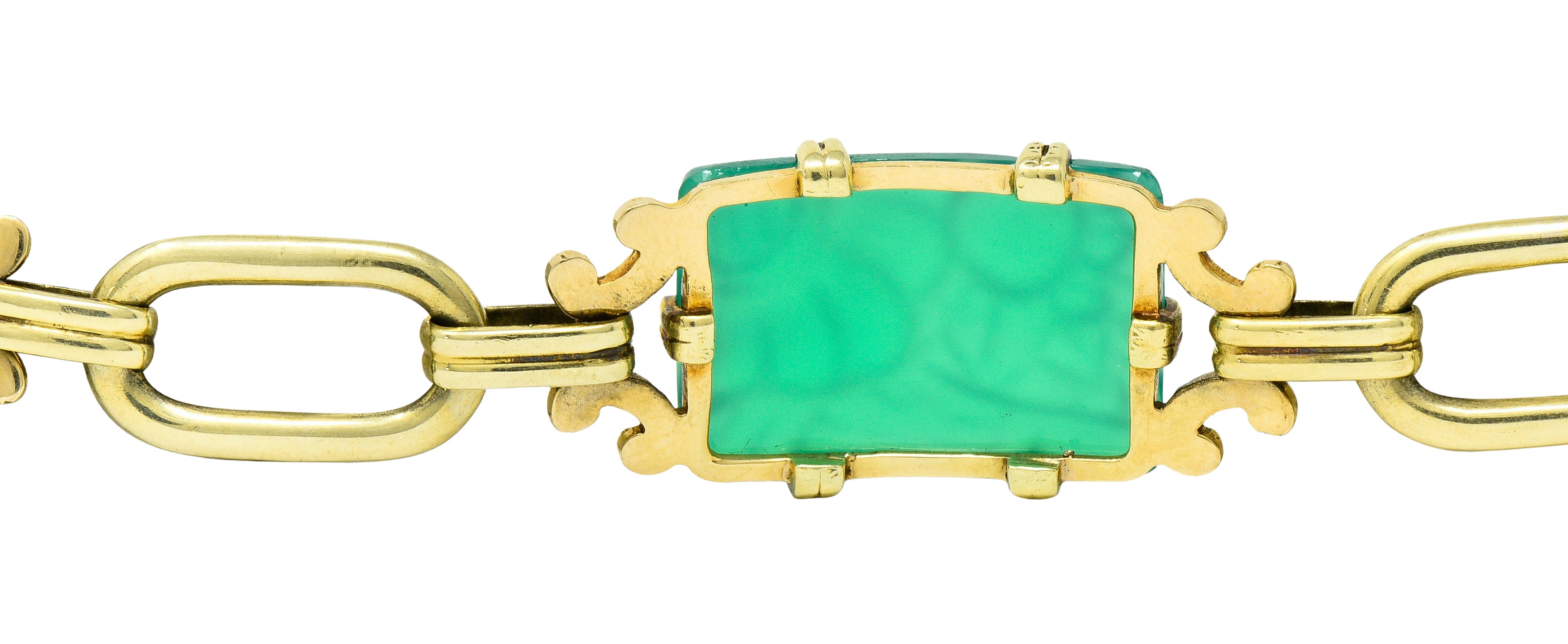 Art Deco Carved Chrysoprase 14 Karat Gold Link Bracelet Circa 1930 - Wilson's Estate Jewelry