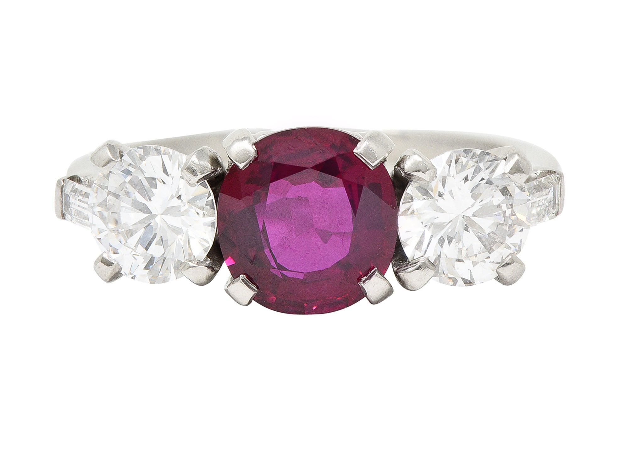 Mid-Century 2.84 CTW No Heat Ruby Diamond Platinum Vintage Three Stone Ring GIA