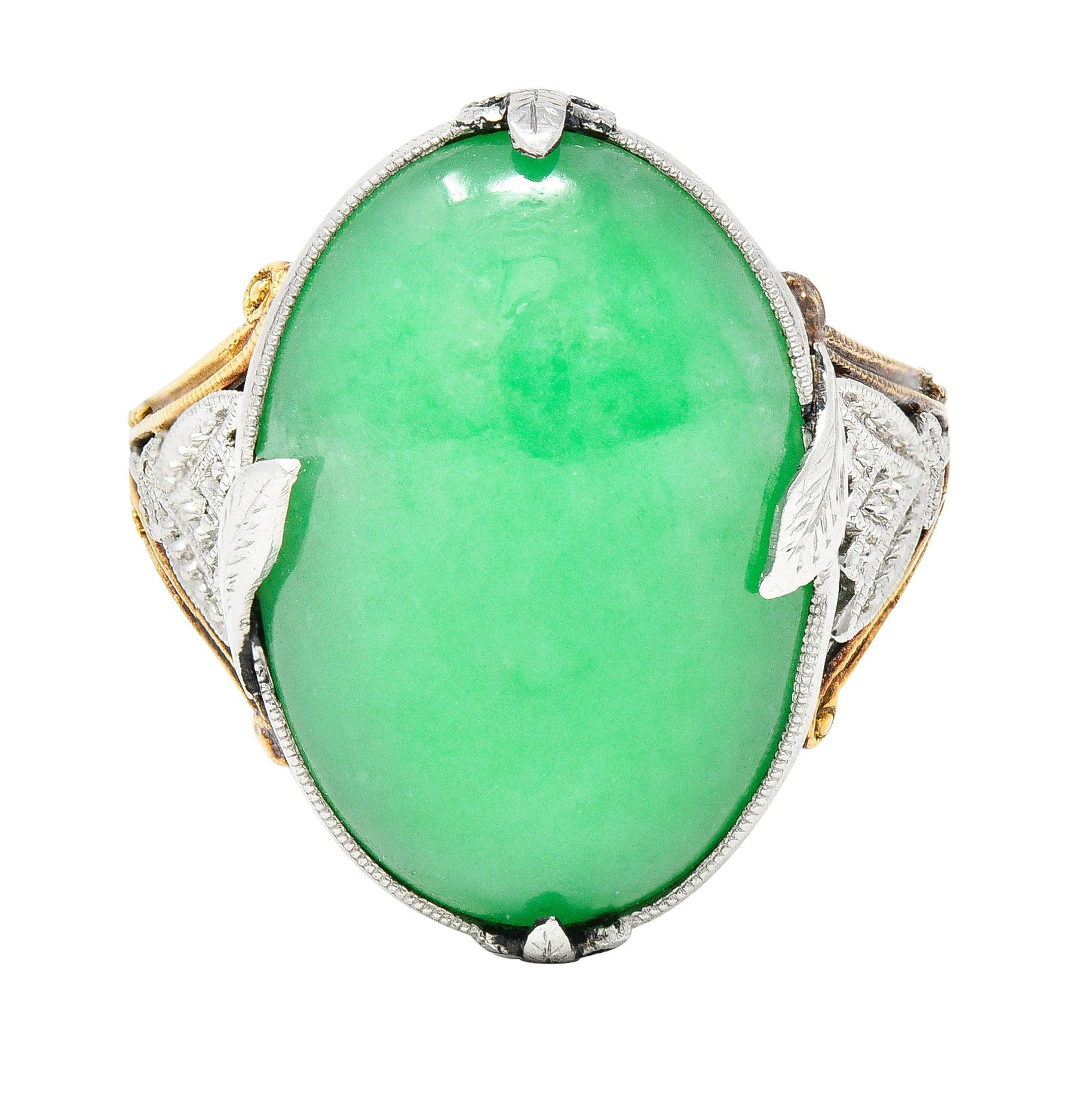 Edwardian Natural Jadeite Jade Cabochon Platinum 18 Karat Yellow Gold Lotus Antique Ring GIA Wilson's Estate Jewelry