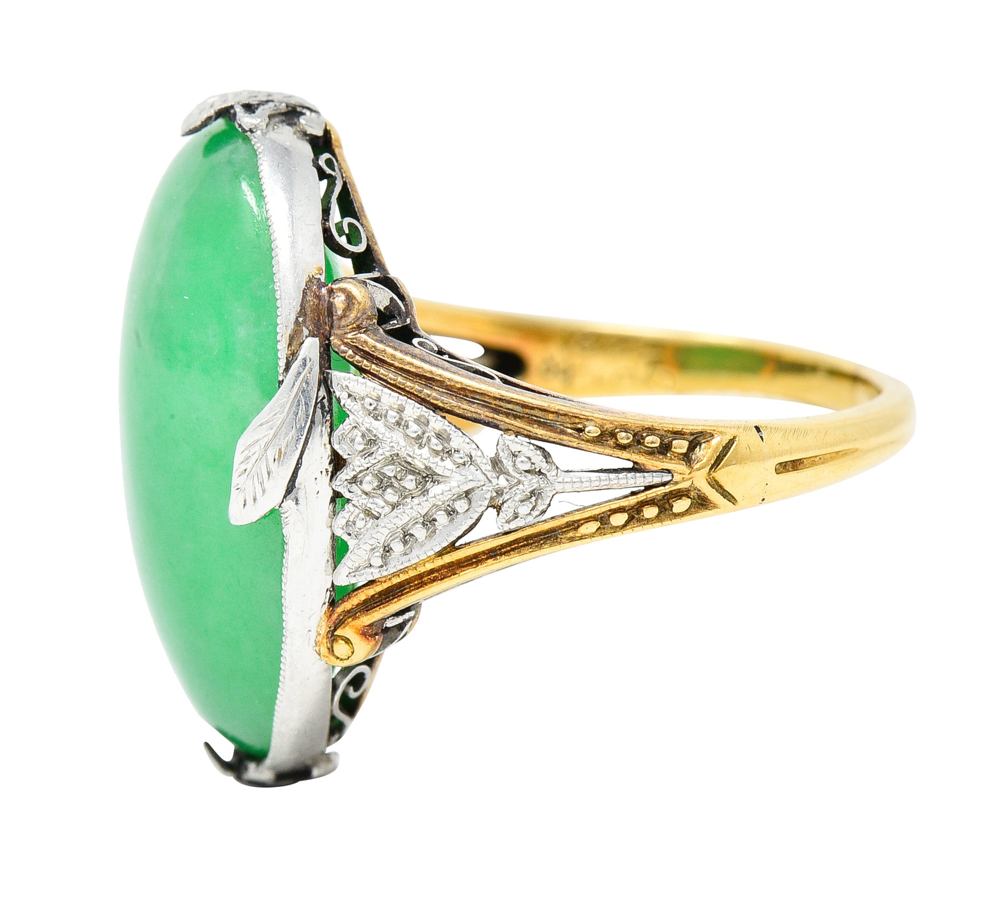 Edwardian Natural Jadeite Jade Cabochon Platinum 18 Karat Yellow Gold Lotus Antique Ring GIA Wilson's Estate Jewelry