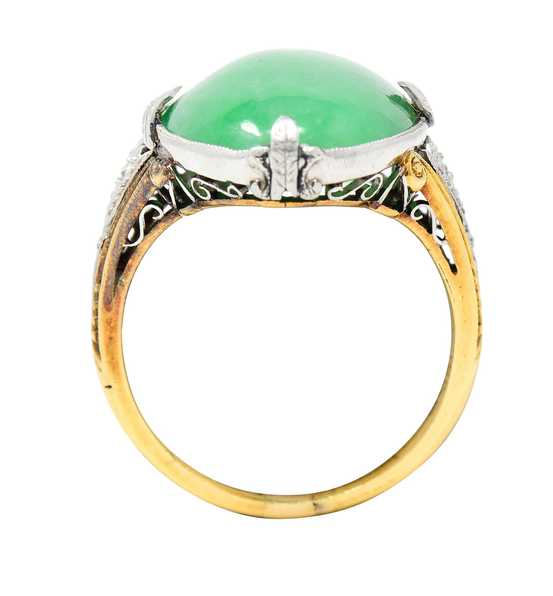 Edwardian Natural Jadeite Jade Cabochon Platinum 18 Karat Yellow Gold Lotus Antique Ring GIA Wilson's Estate Jewelry