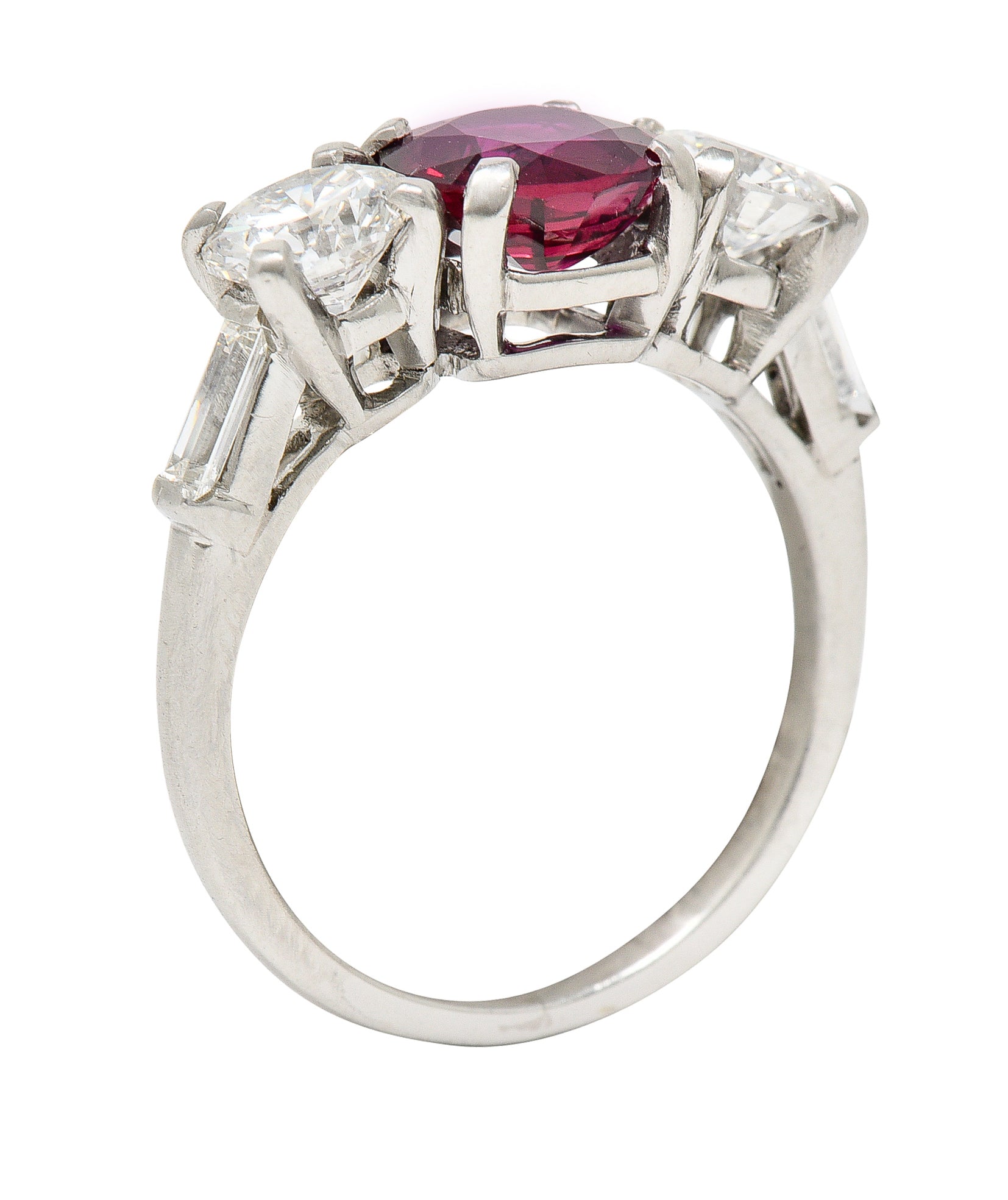 Mid-Century 2.84 CTW No Heat Ruby Diamond Platinum Vintage Three Stone Ring GIA