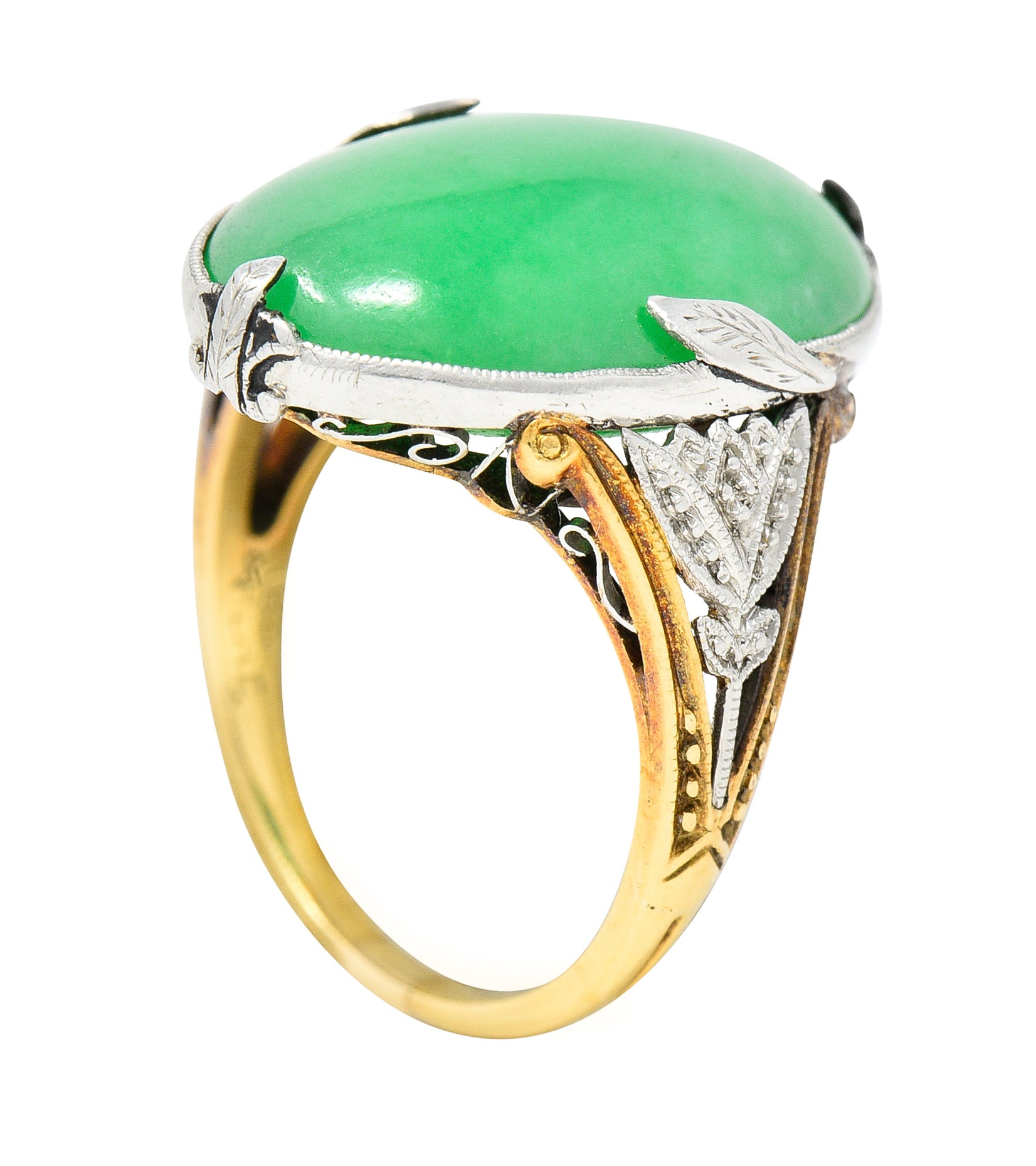 Edwardian Natural Jadeite Jade Cabochon Platinum 18 Karat Yellow Gold Lotus Antique Ring GIA Wilson's Estate Jewelry