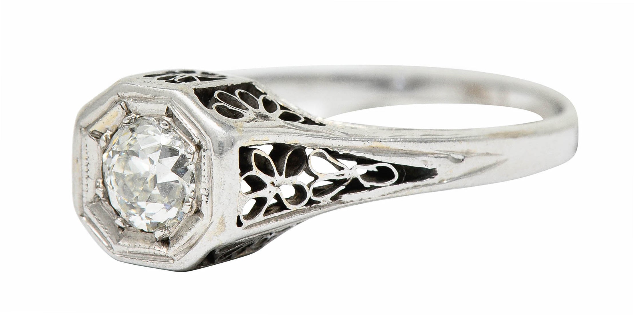 Edwardian 0.45 CTW Diamond 14 Karat White Gold Floral Engagement RingRing - Wilson's Estate Jewelry