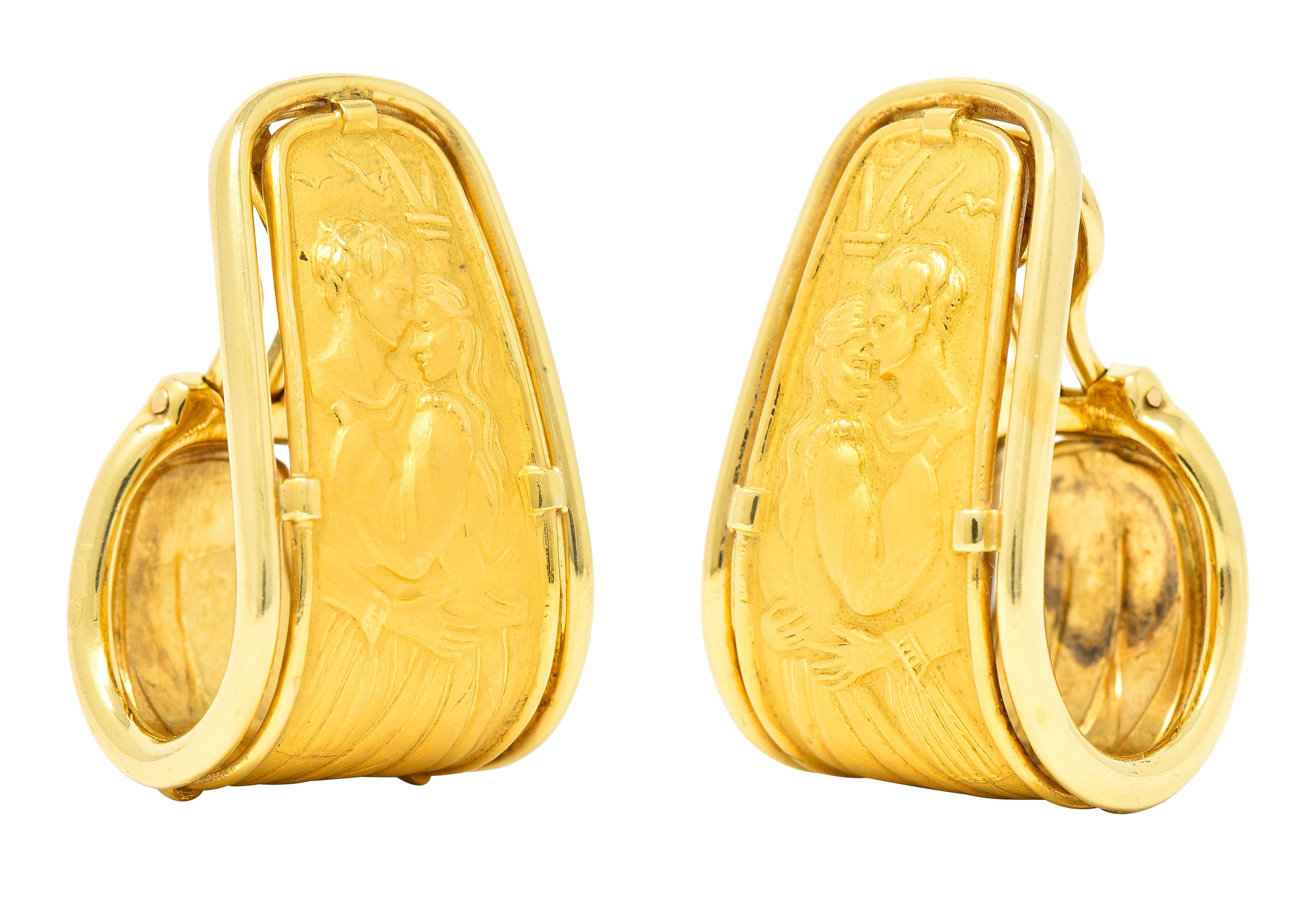 Carrera y Carrera 1990's 18 Karat Yellow Gold Romeo & Juliet J-Hoop Vintage Ear-Clip Earrings Wilson's Estate Jewelry