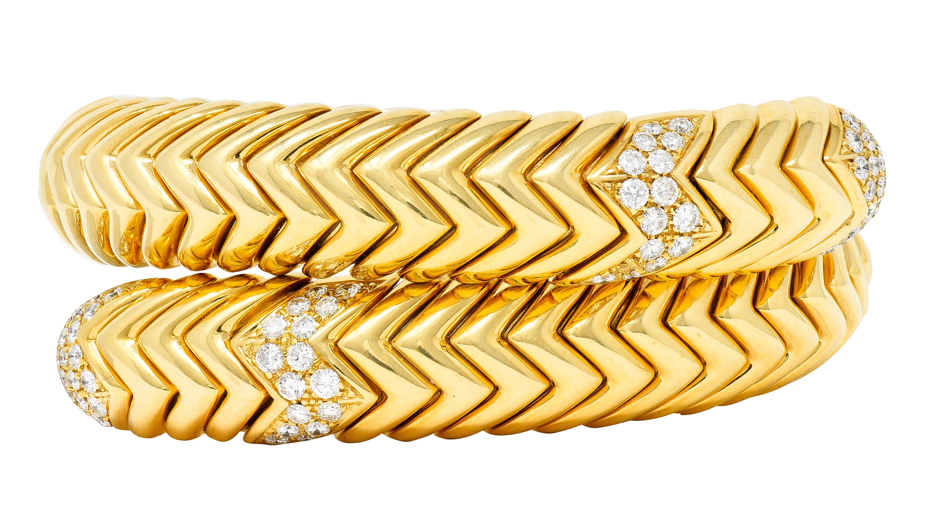 Bulgari Diamond 18 Karat Yellow Gold Spiga Cuff Bracelet Wilson's Antique & Estate Jewelry