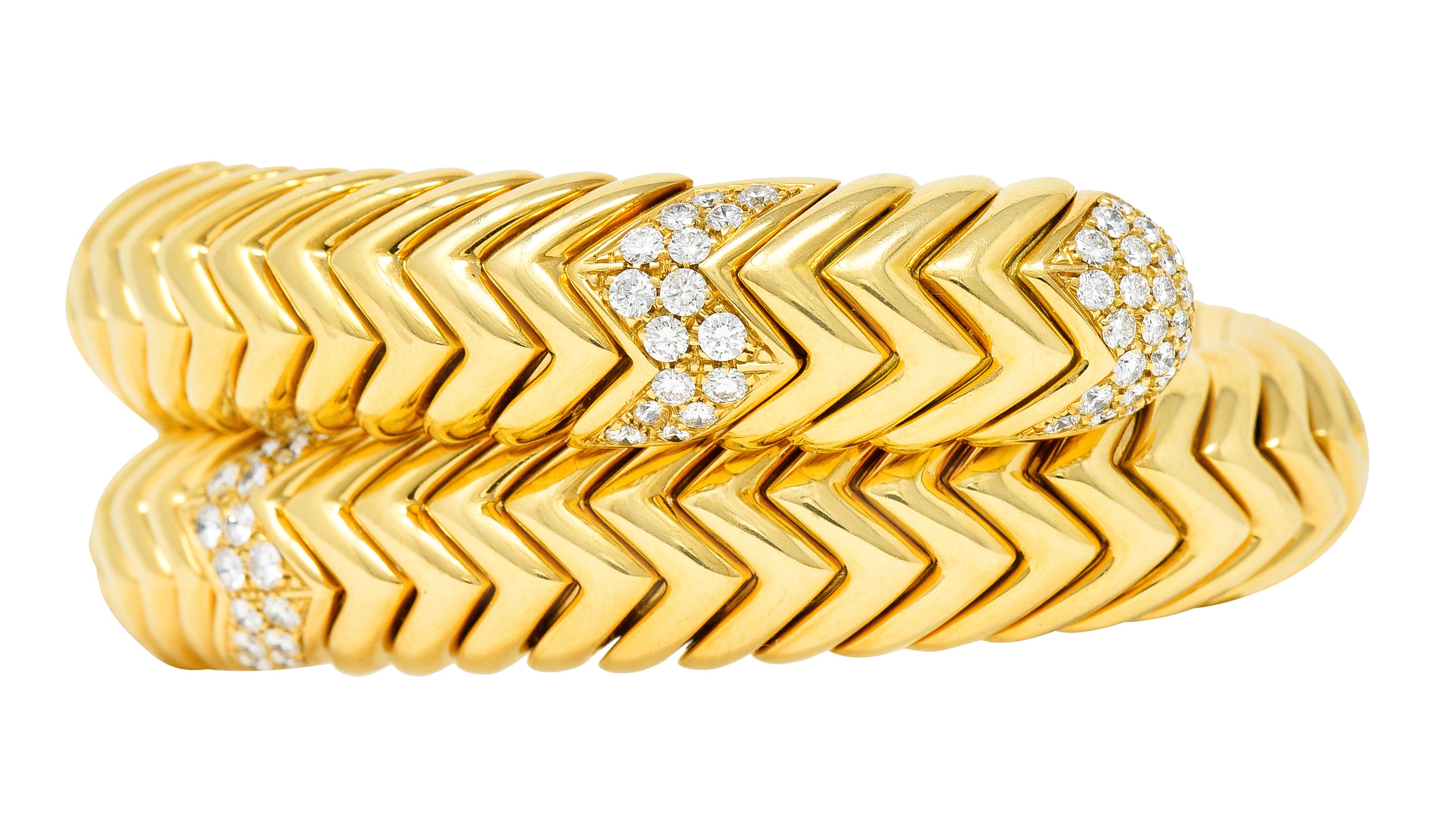 Bulgari Diamond 18 Karat Yellow Gold Spiga Cuff Bracelet Wilson's Antique & Estate Jewelry