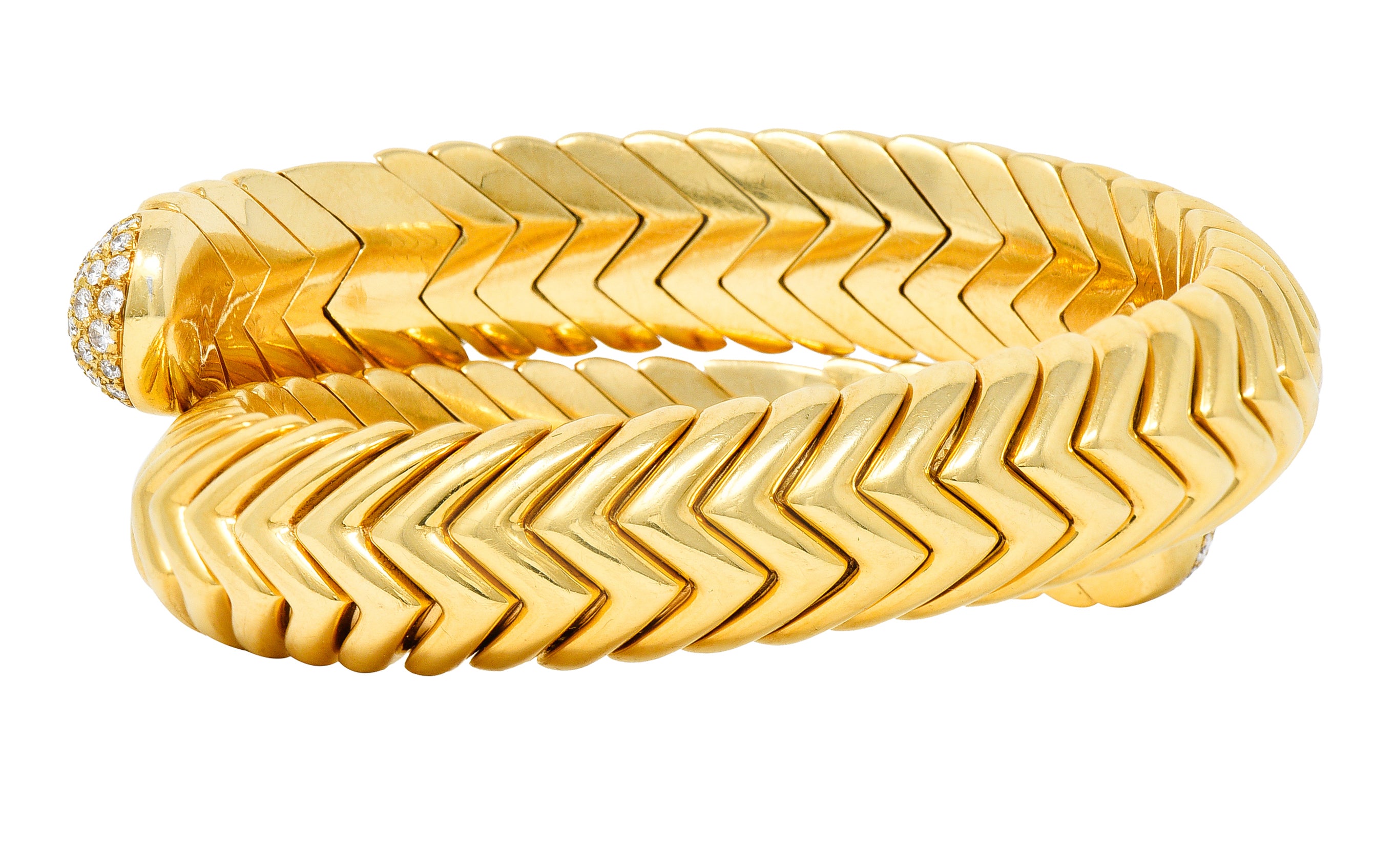 Bulgari Diamond 18 Karat Yellow Gold Spiga Cuff Bracelet Wilson's Antique & Estate Jewelry