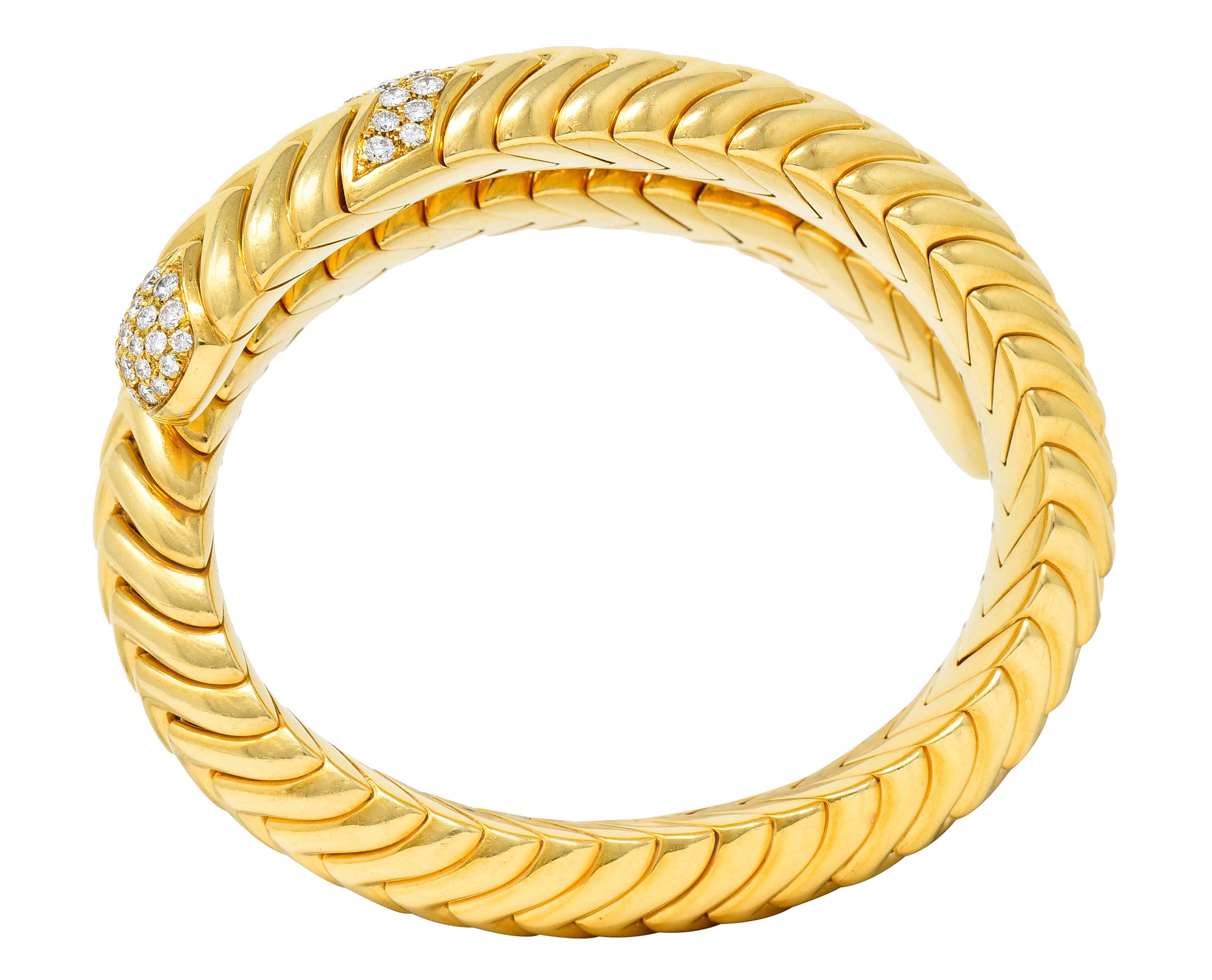 Bulgari Diamond 18 Karat Yellow Gold Spiga Cuff Bracelet Wilson's Antique & Estate Jewelry