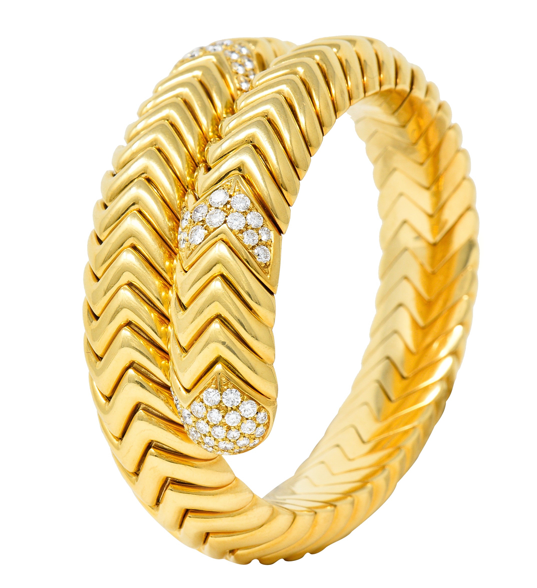 Bulgari Diamond 18 Karat Yellow Gold Spiga Cuff Bracelet Wilson's Antique & Estate Jewelry