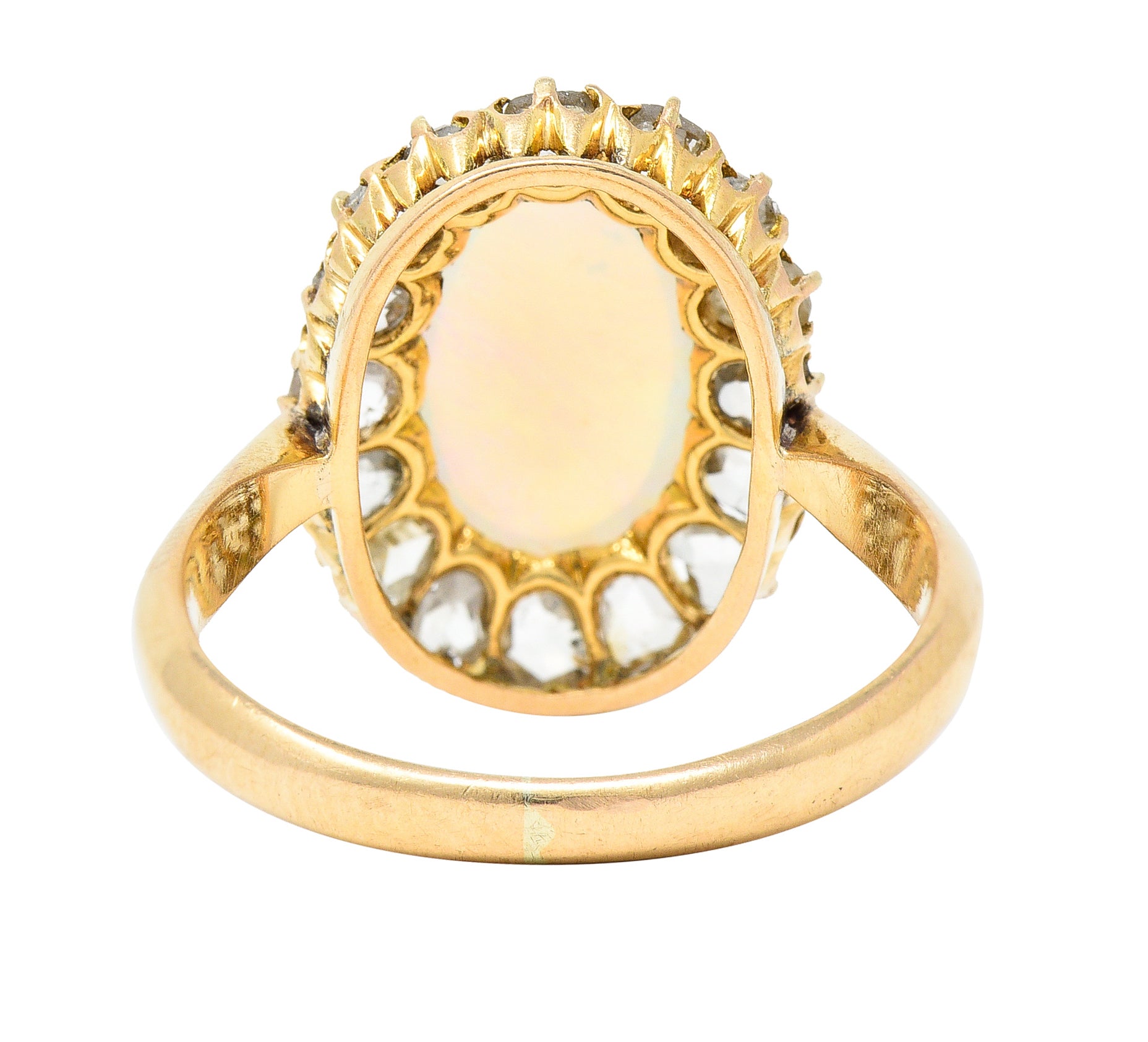 Victorian Opal Cabochon Diamond 18 Karat Yellow Gold Antique Halo Ring Wilson's Estate Jewelry