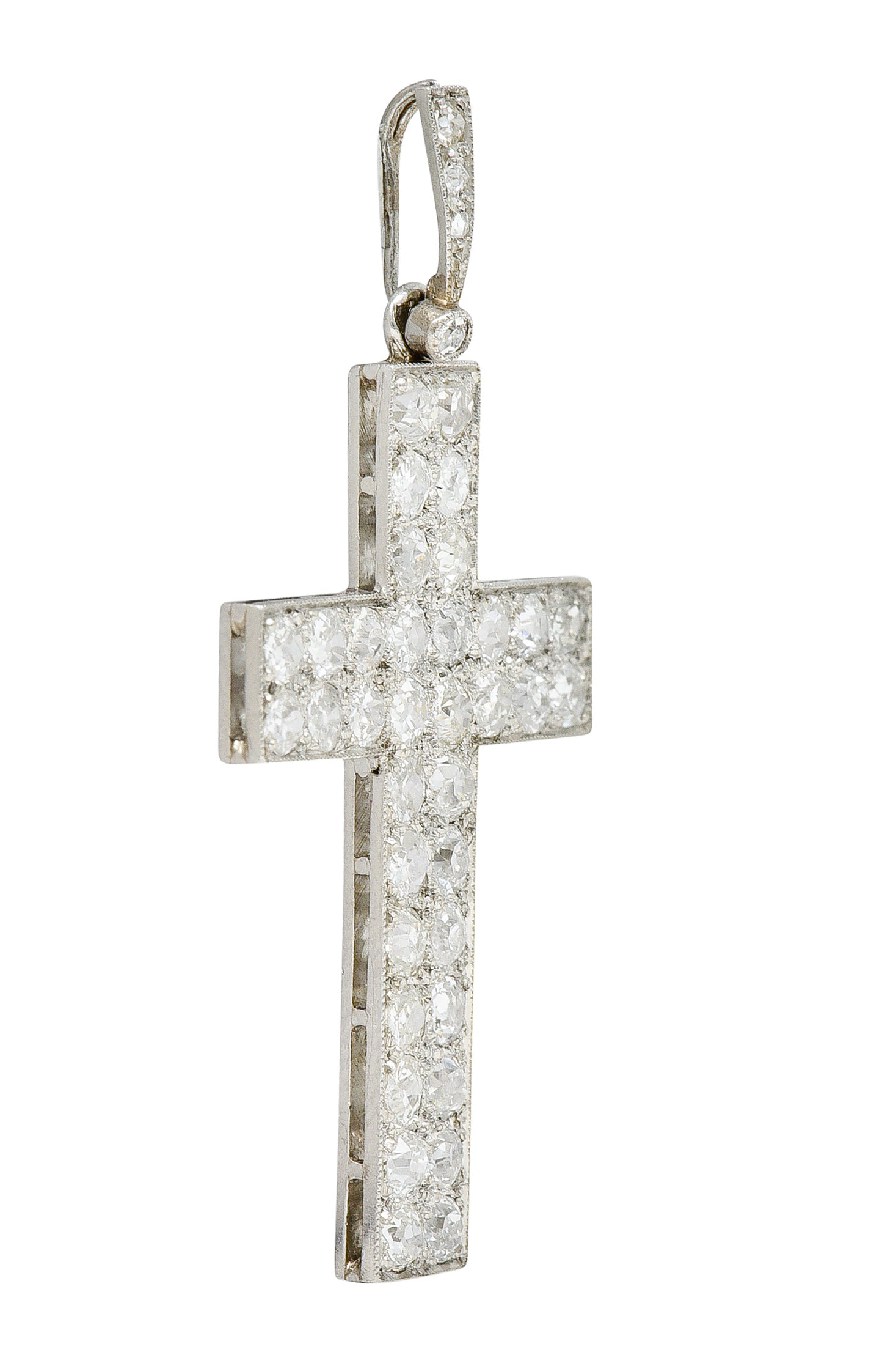 French Edwardian 3.50 CTW Pave Diamond Platinum Cross PendantNecklace - Wilson's Estate Jewelry