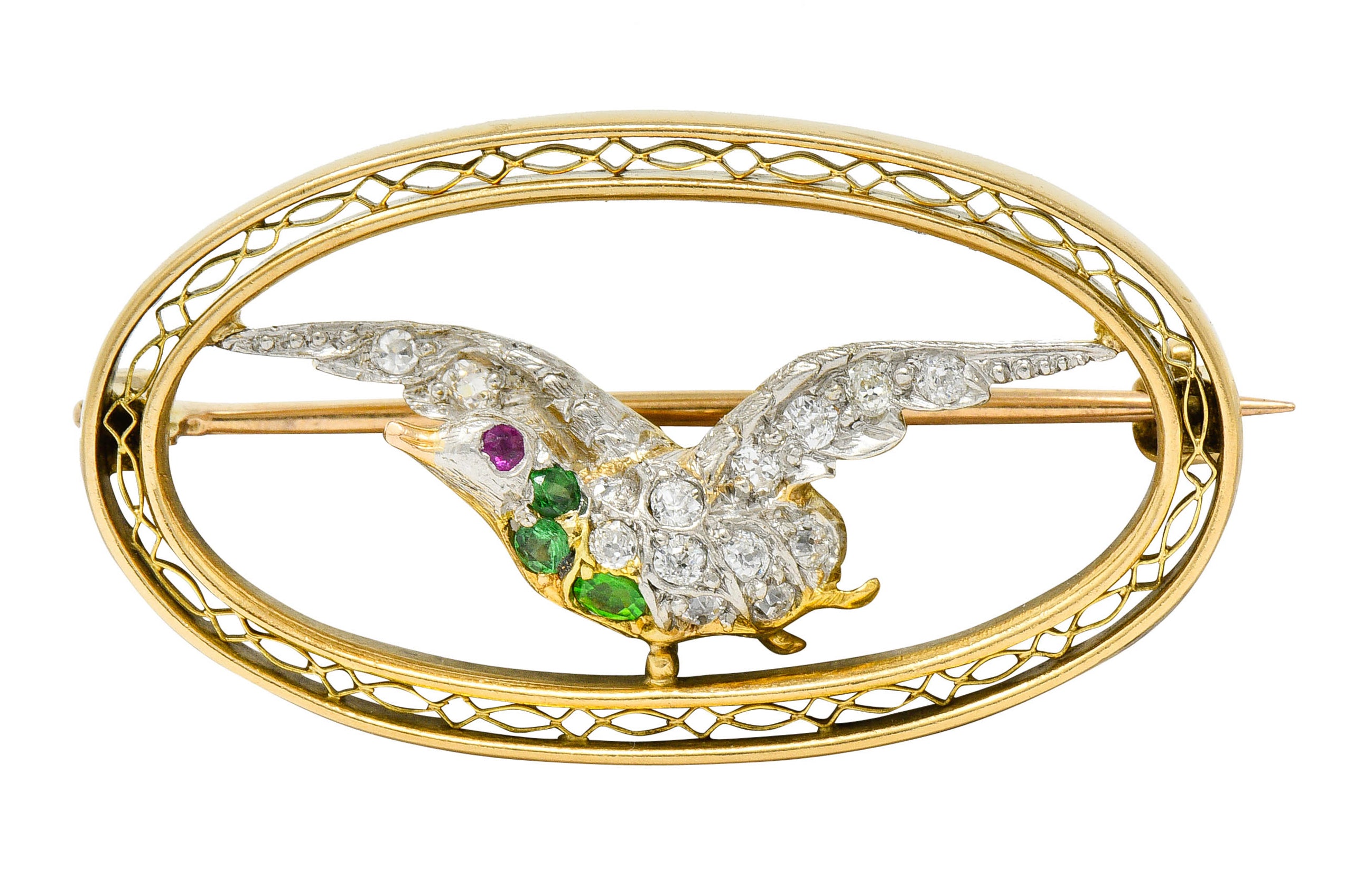 Bailey Banks & Biddle Demantoid Garnet Diamond Platinum-Topped 14 Karat Gold Dove BroochBrooch - Wilson's Estate Jewelry