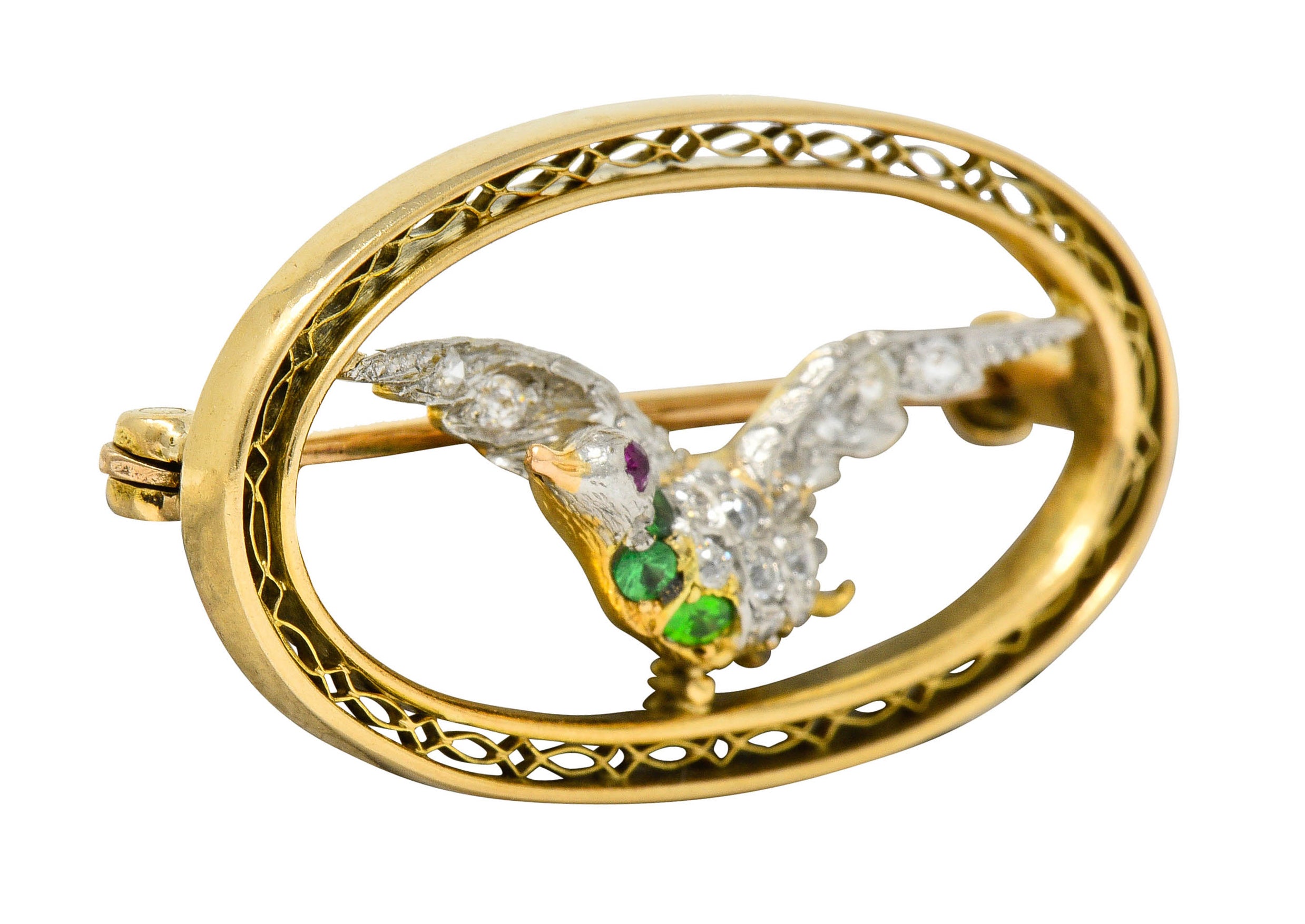 Bailey Banks & Biddle Demantoid Garnet Diamond Platinum-Topped 14 Karat Gold Dove BroochBrooch - Wilson's Estate Jewelry