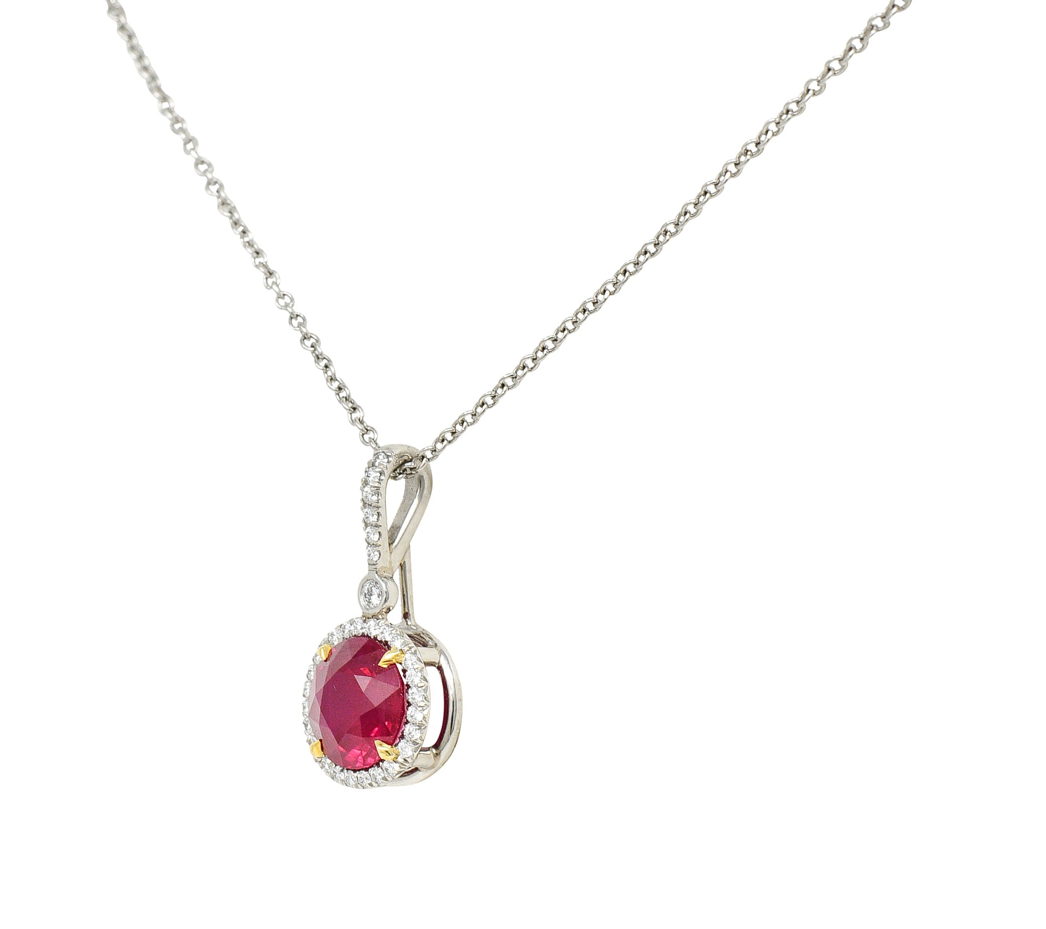 Contemporary 1.90 CTW Ruby Diamond Halo Platinum Gemstone Pendant NecklaceNecklace - Wilson's Estate Jewelry