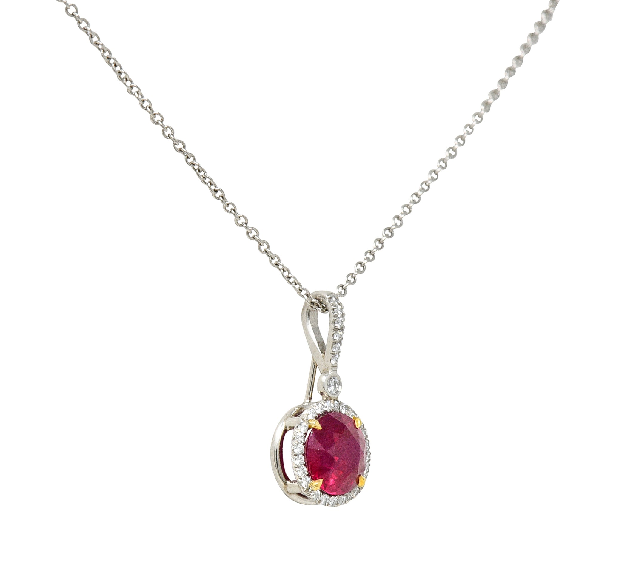 Contemporary 1.90 CTW Ruby Diamond Halo Platinum Gemstone Pendant NecklaceNecklace - Wilson's Estate Jewelry