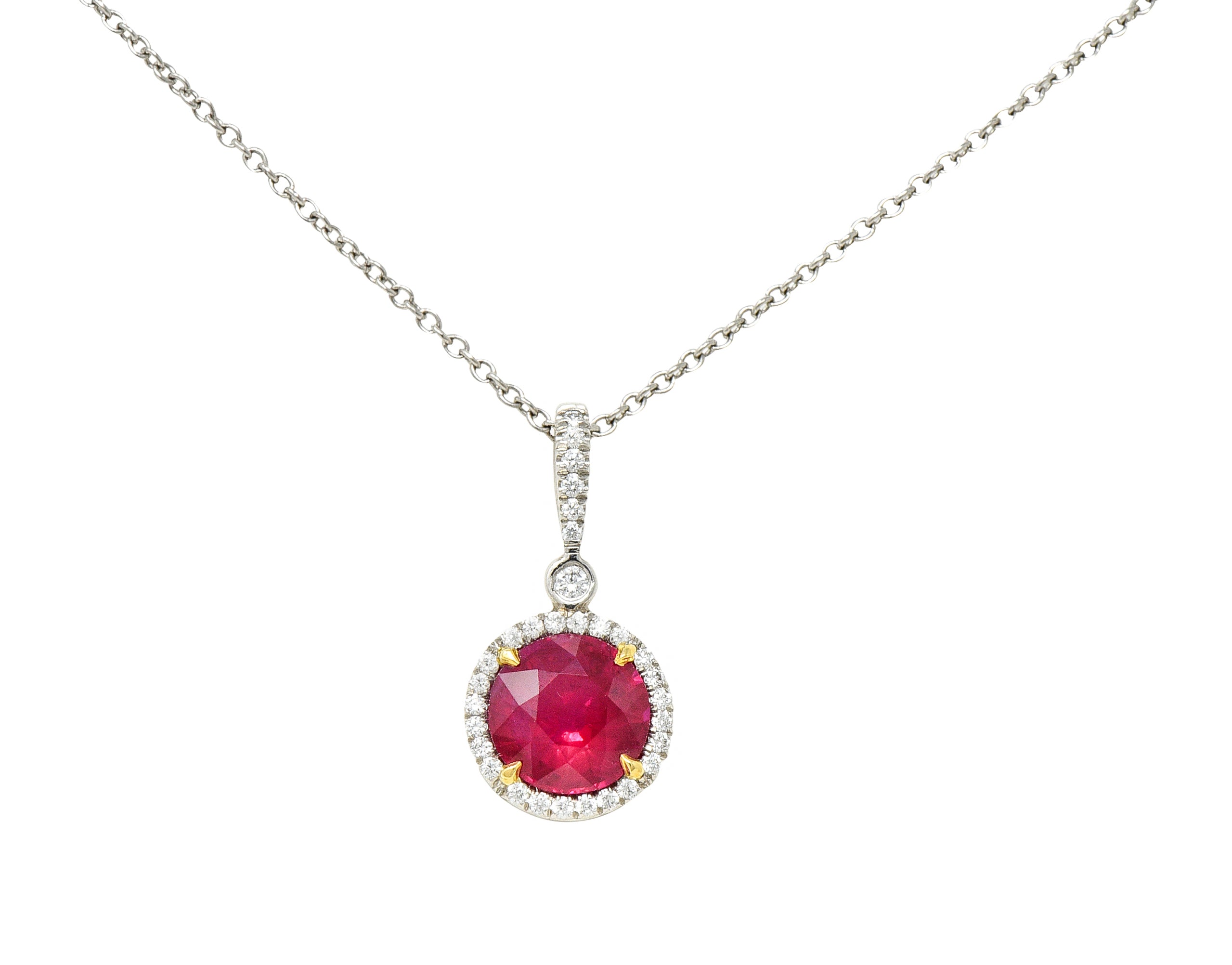 Contemporary 1.90 CTW Ruby Diamond Halo Platinum Gemstone Pendant NecklaceNecklace - Wilson's Estate Jewelry