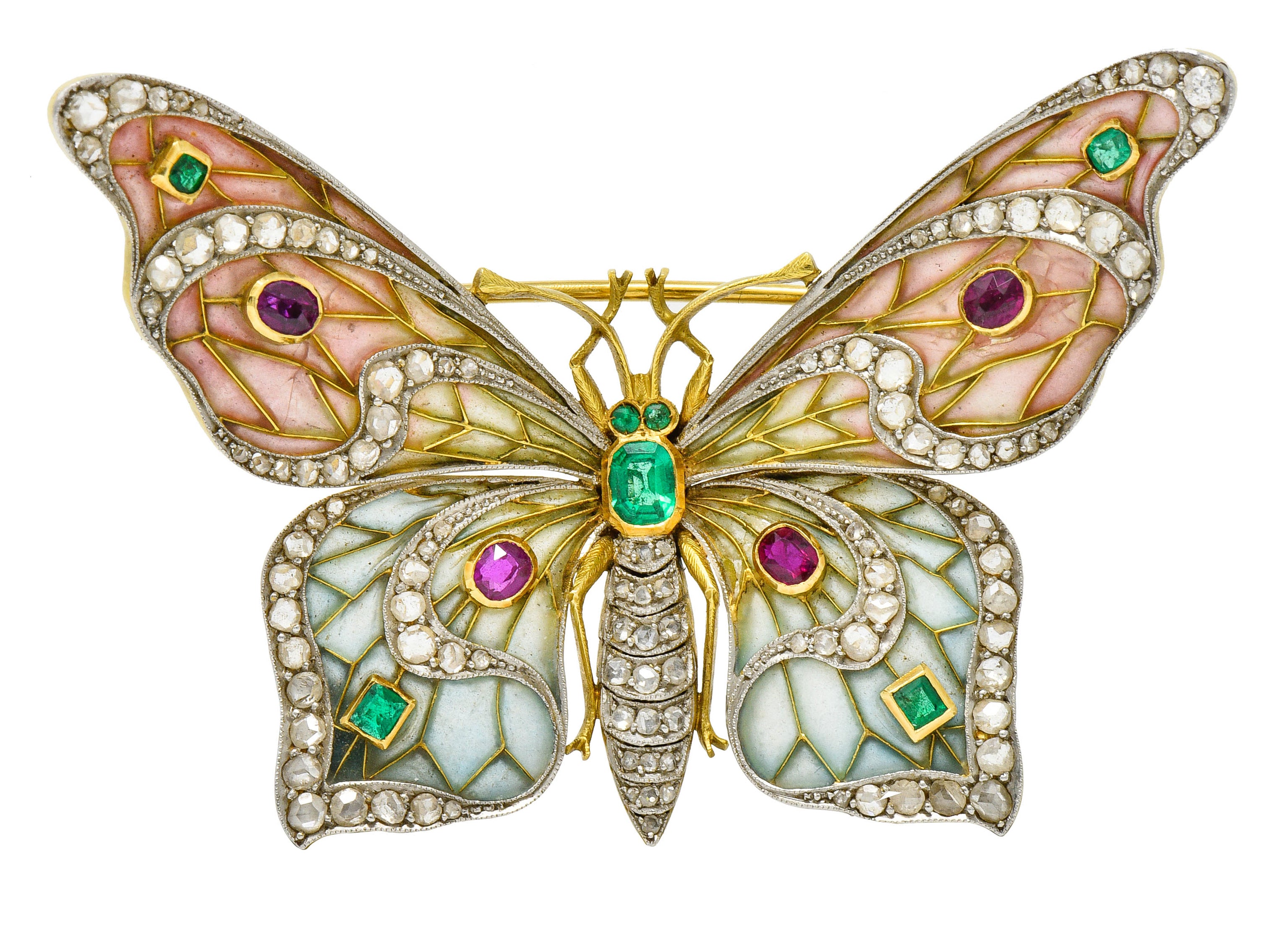 Substantial Art Nouveau Diamond Emerald Ruby Plique-A-Jour Enamel 18 Karat Gold Butterfly Pendant BroochBrooch - Wilson's Estate Jewelry