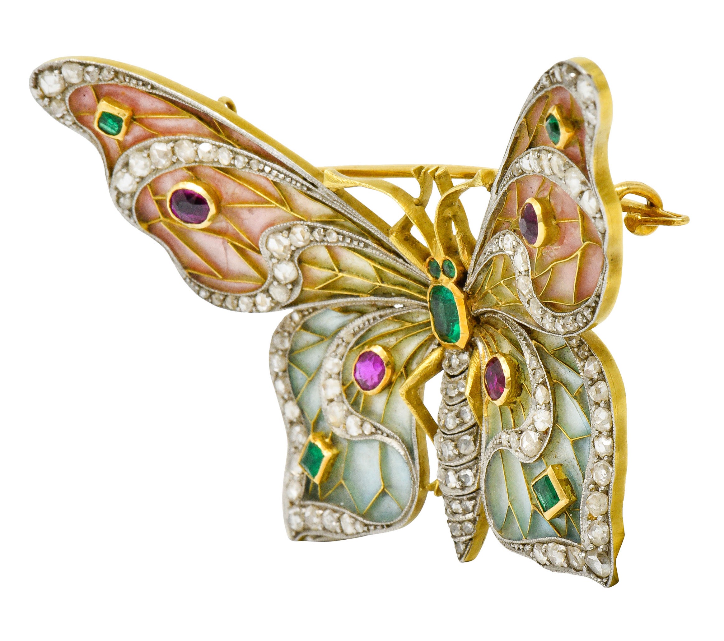 Substantial Art Nouveau Diamond Emerald Ruby Plique-A-Jour Enamel 18 Karat Gold Butterfly Pendant BroochBrooch - Wilson's Estate Jewelry