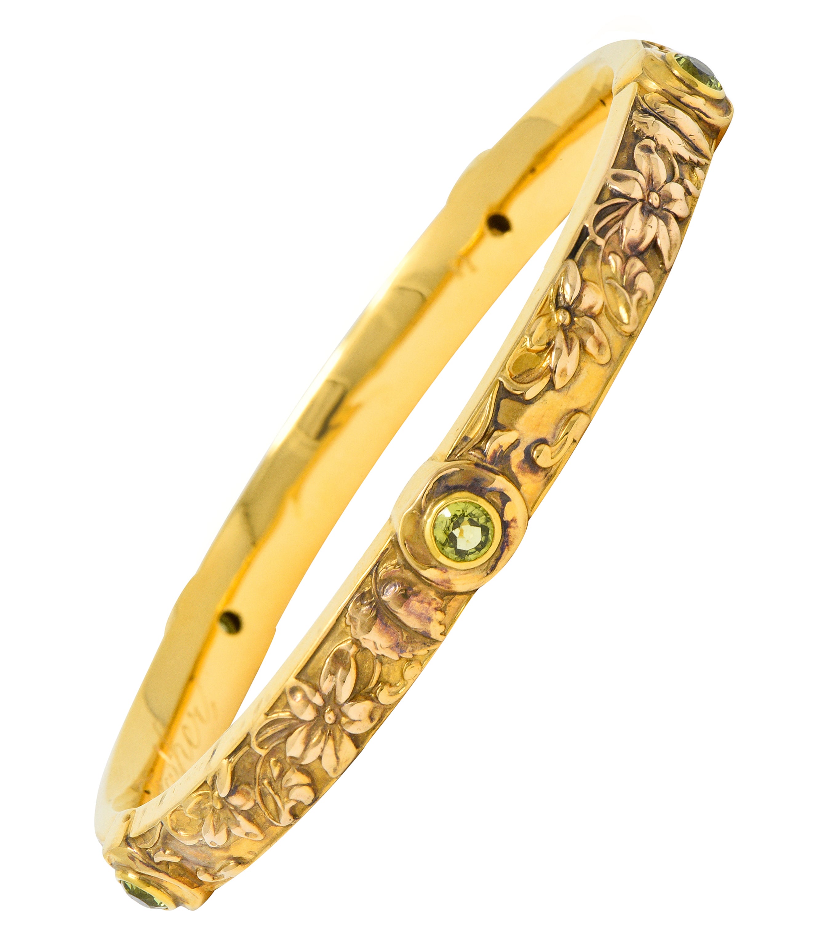 Riker Brothers Art Nouveau Peridot 14 Karat Gold Floral Bangle Braceletbracelet - Wilson's Estate Jewelry