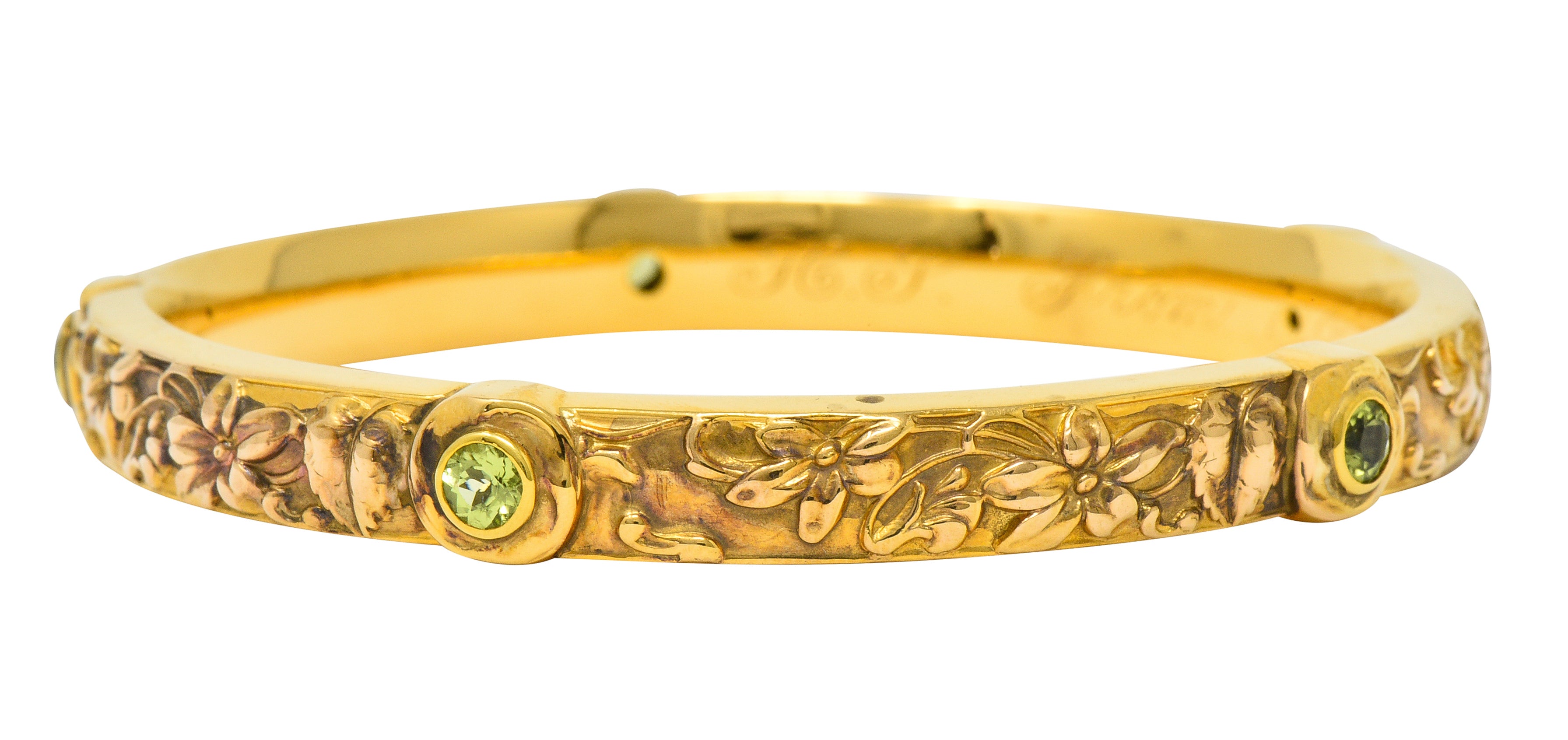 Riker Brothers Art Nouveau Peridot 14 Karat Gold Floral Bangle Braceletbracelet - Wilson's Estate Jewelry