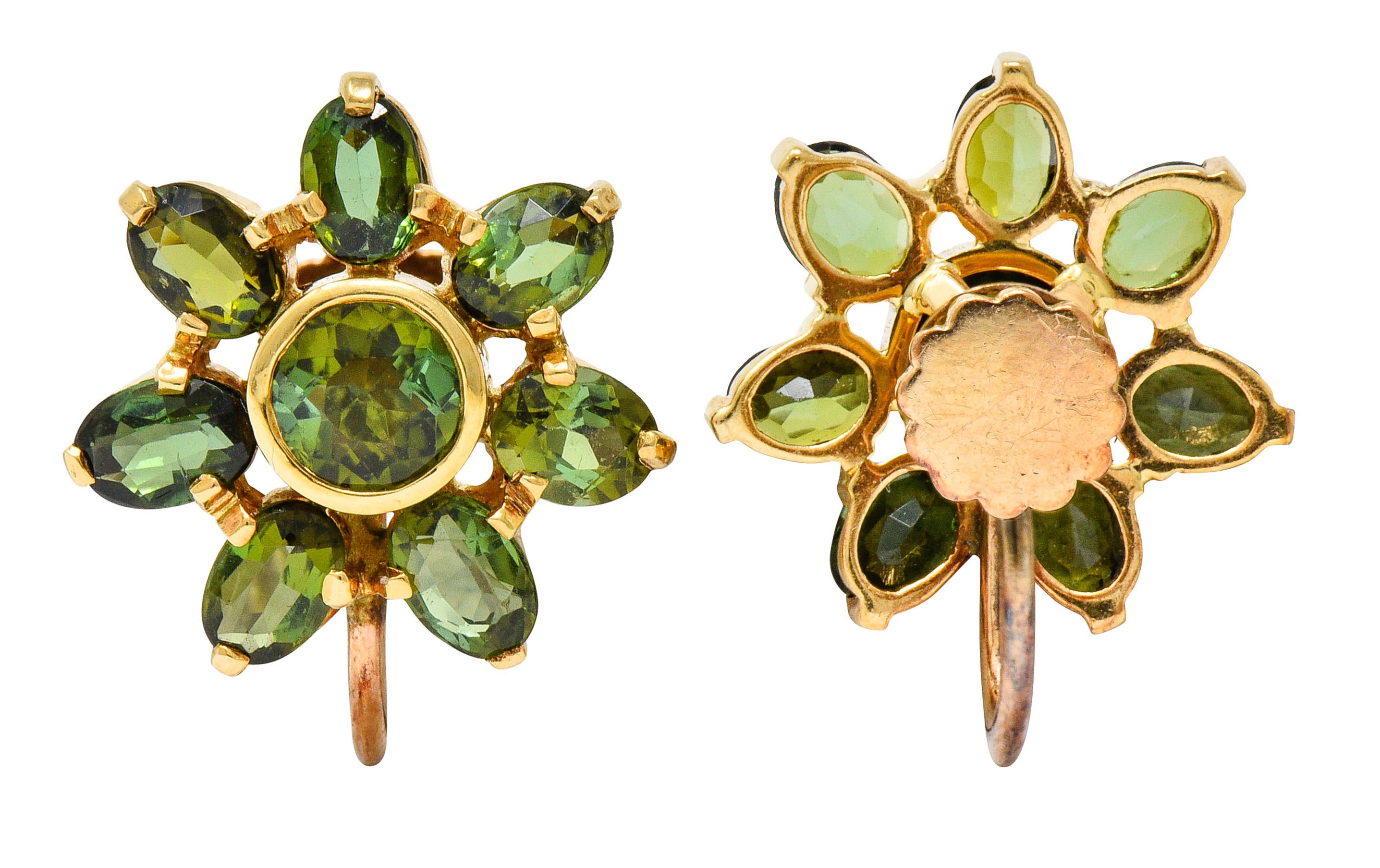 Tiffany & Co. Retro Green Tourmaline 14 Karat Gold Flower Screwback EarringsEarrings - Wilson's Estate Jewelry