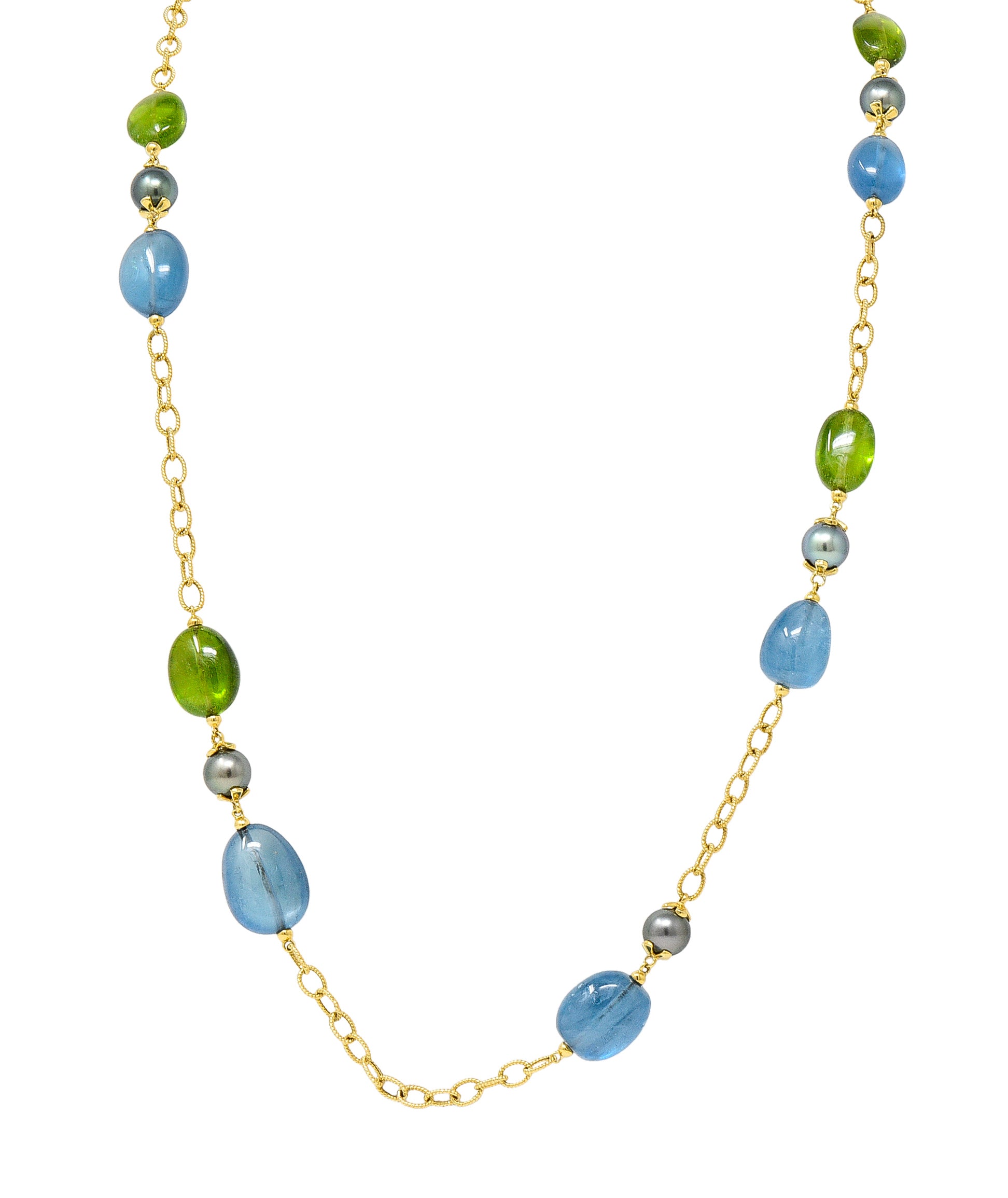 Goshwara Aquamarine Peridot Tahitian Pearl 18 Karat Gold Long Chain Station NecklaceNecklace - Wilson's Estate Jewelry