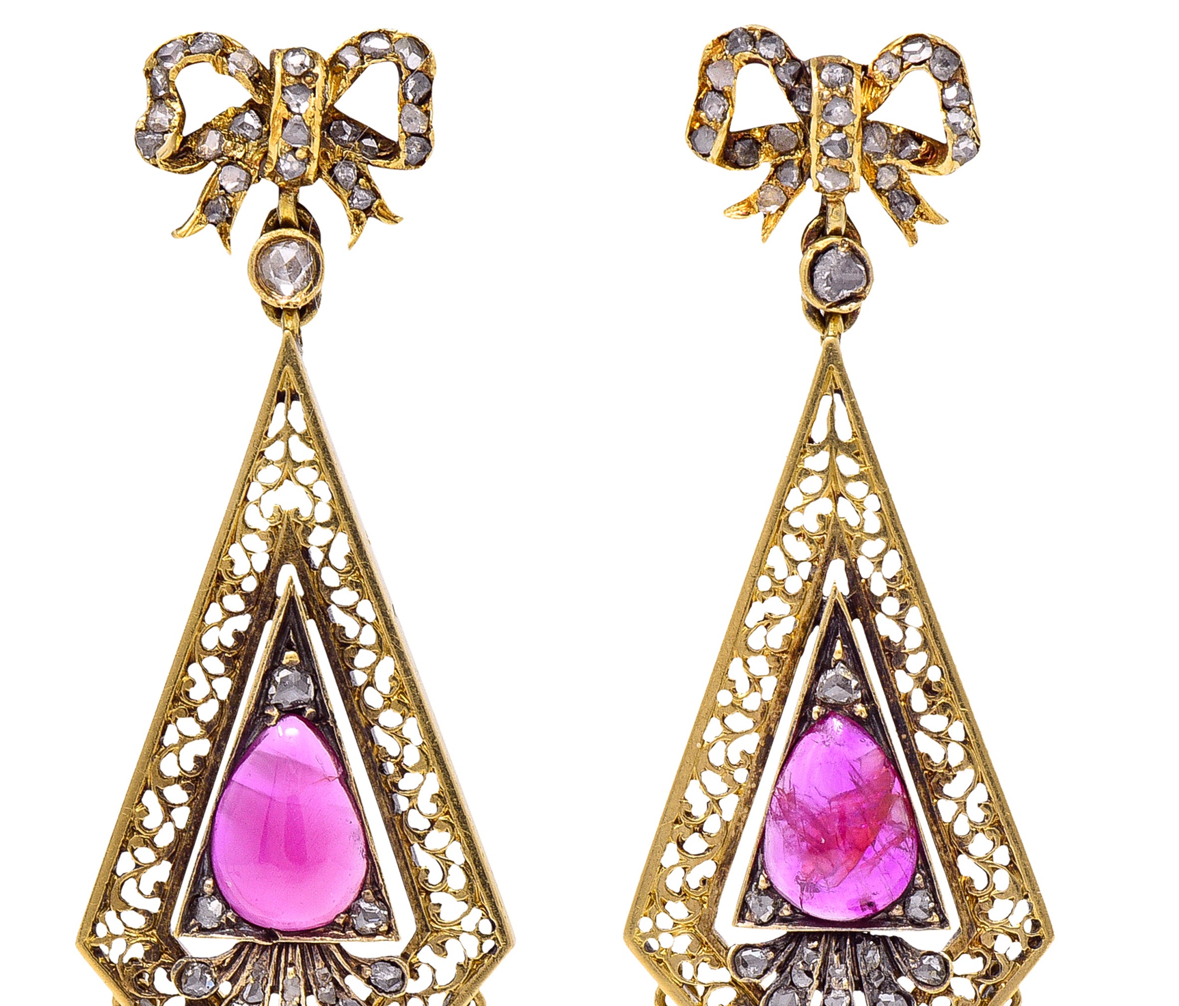 Victorian 4.12 CTW Ruby Diamond 18 Karat Yellow Gold Bow Fringe Antique Drop Earrings Wilson's Estate Jewelry