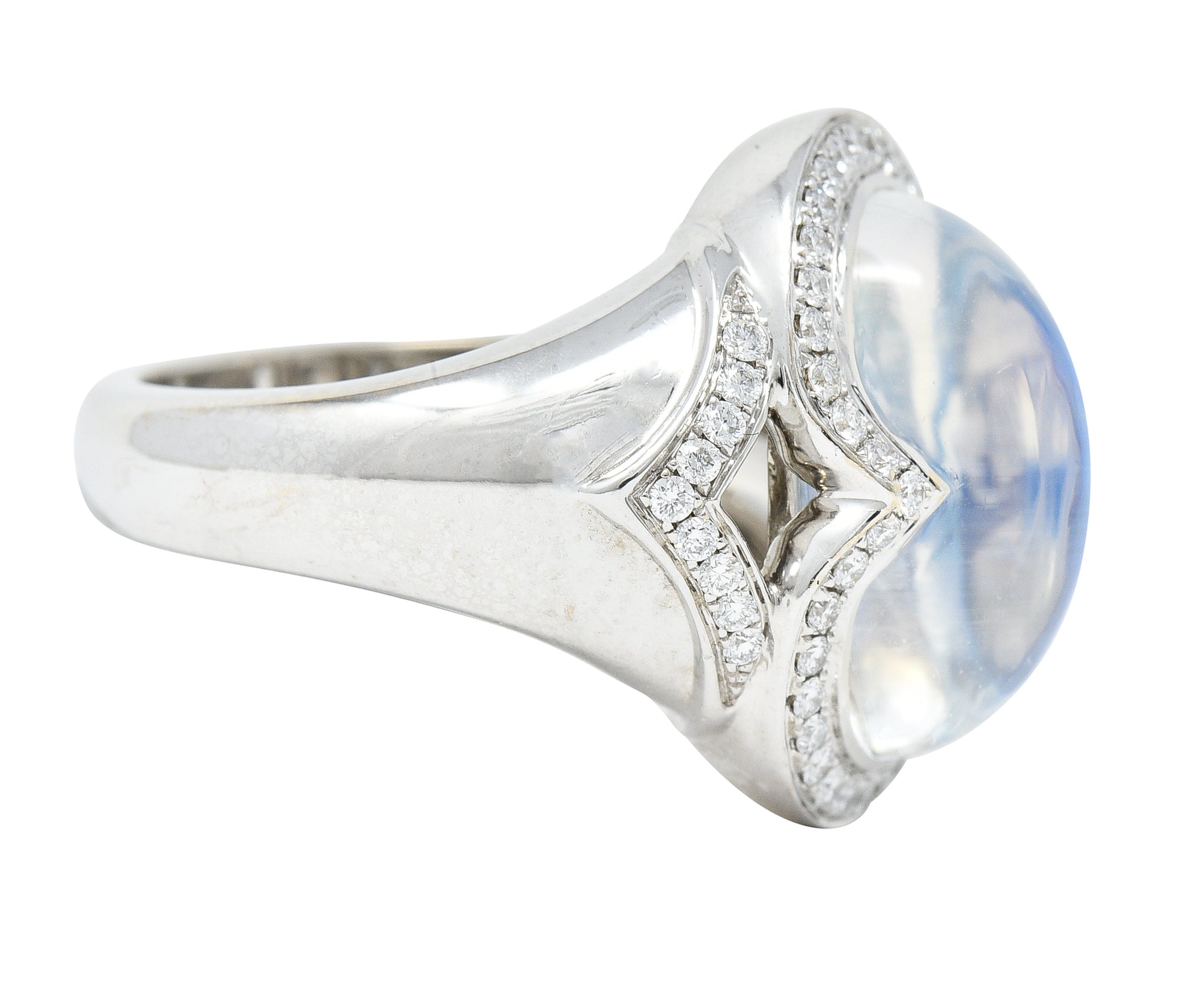 Spark Contemporary Rainbow Moonstone Cabochon Diamond 18 Karat White Gold Halo Ring Wilson's Estate Jewelry