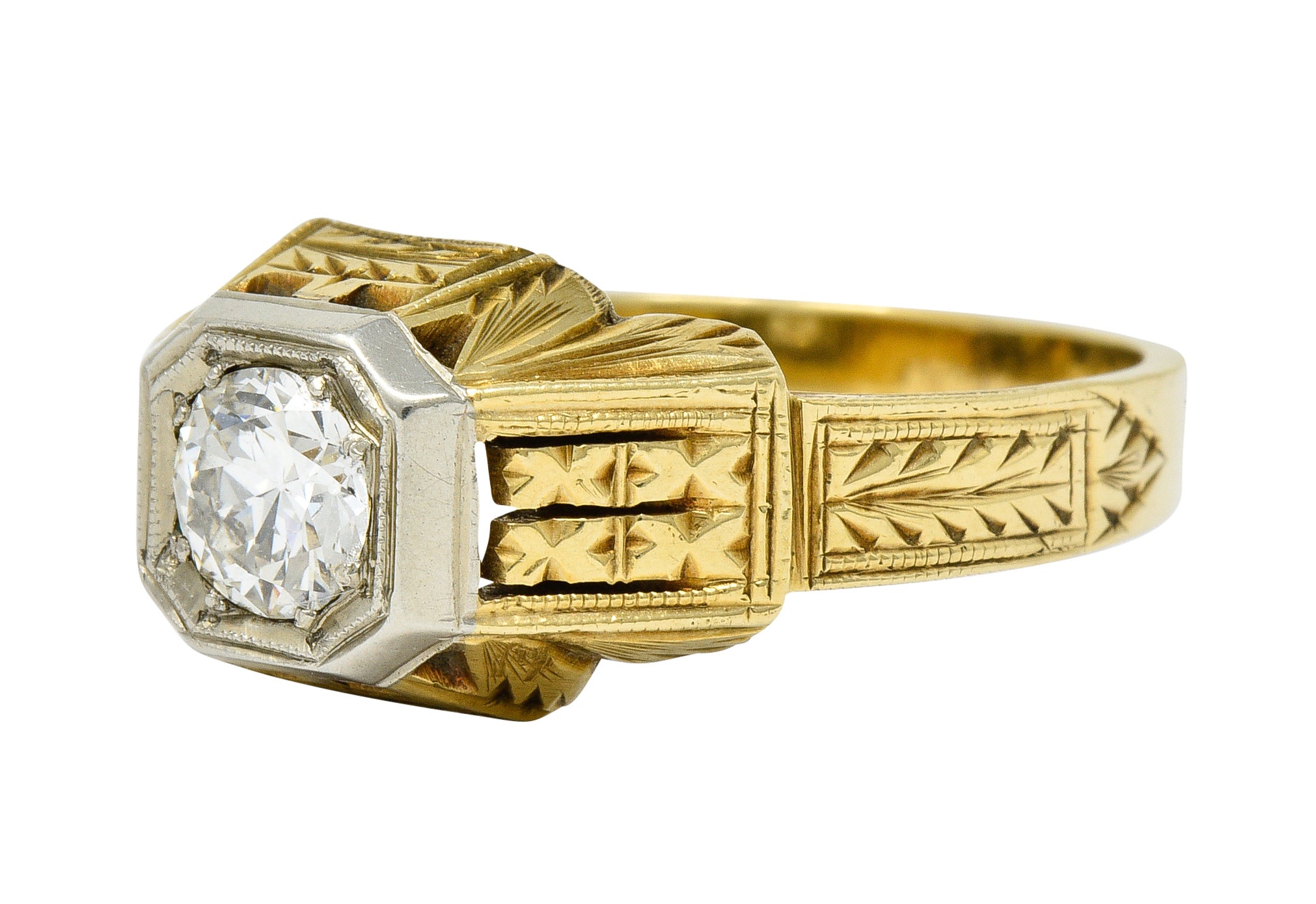 Art Deco Diamond 18 & 14 Karat Two Tone Gold Unisex Octagonal RingRing - Wilson's Estate Jewelry