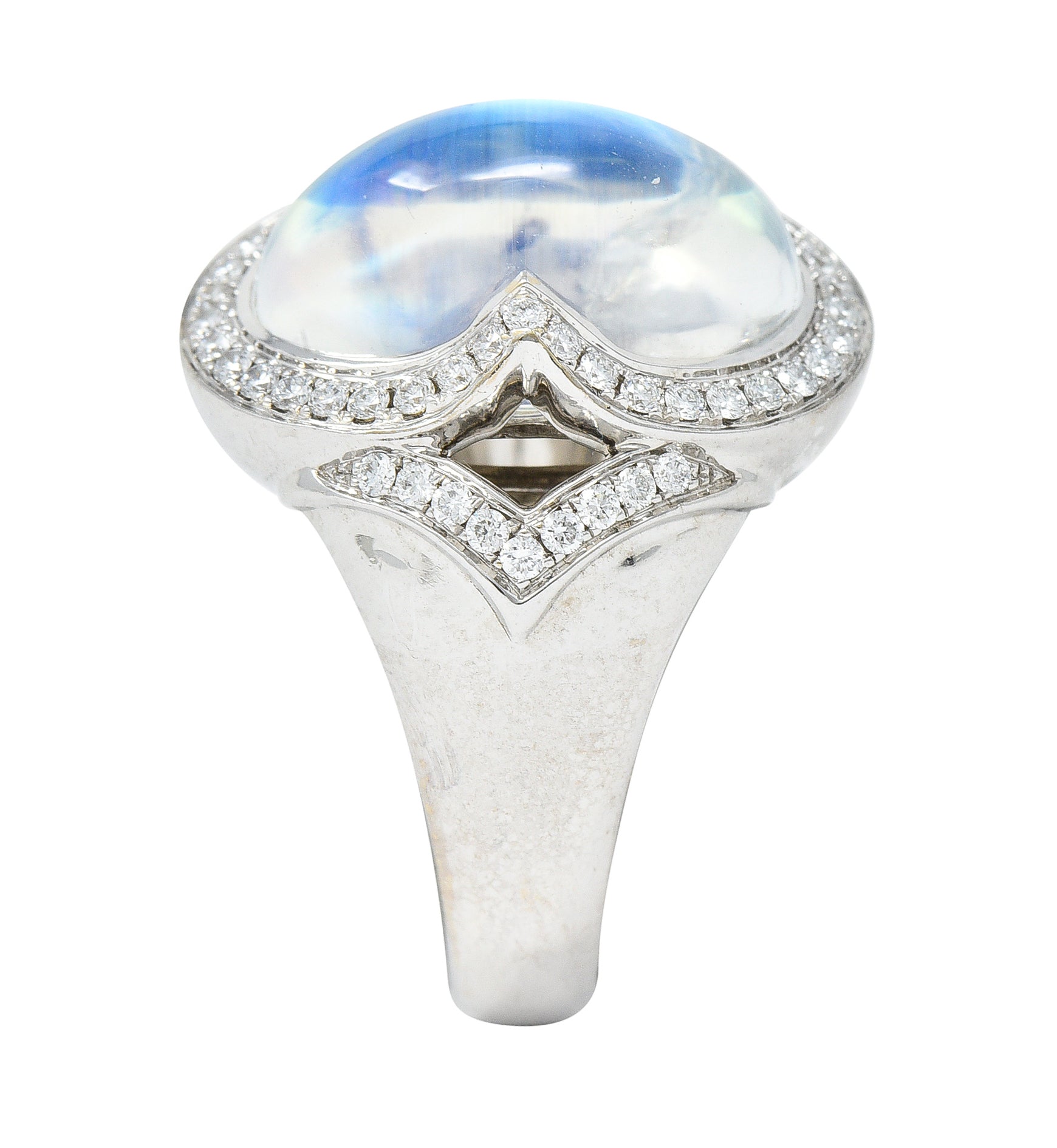 Spark Contemporary Rainbow Moonstone Cabochon Diamond 18 Karat White Gold Halo Ring Wilson's Estate Jewelry