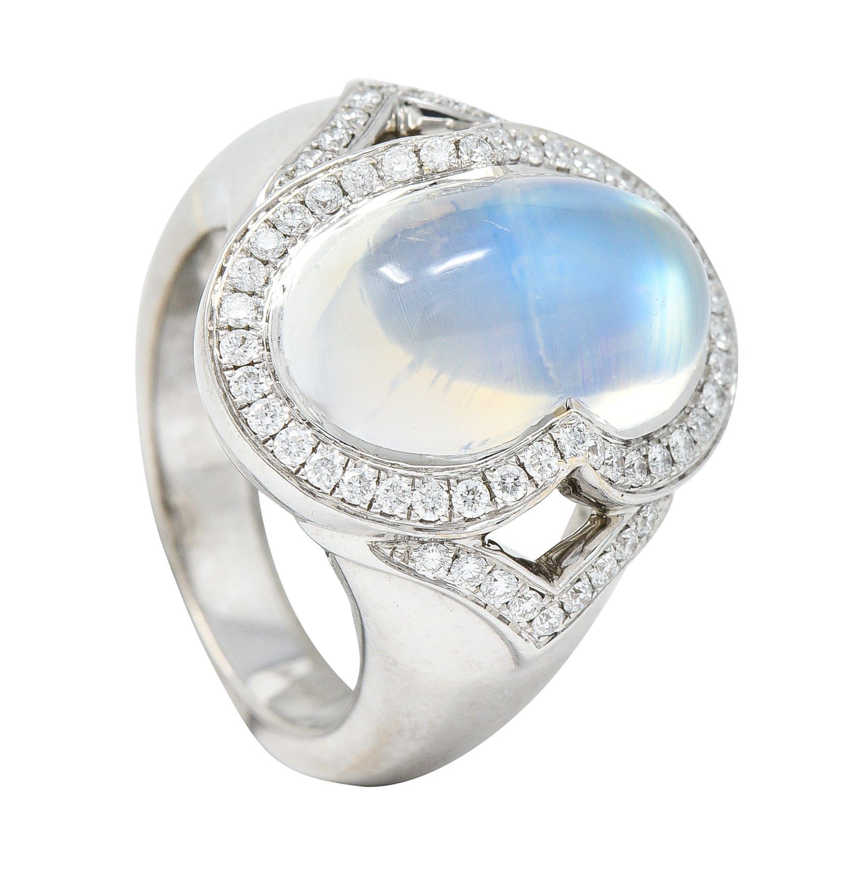 Spark Contemporary Rainbow Moonstone Cabochon Diamond 18 Karat White Gold Halo Ring Wilson's Estate Jewelry