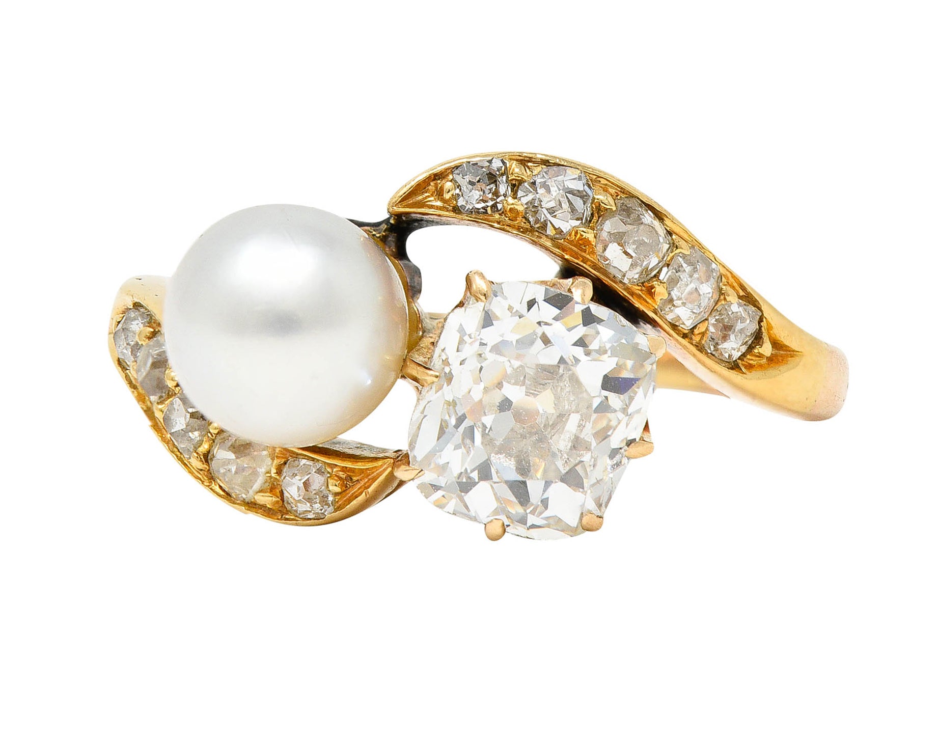 Victorian Pearl 0.88 CTW Diamond 14 Karat Gold Toi Et Moi Bypass RingRing - Wilson's Estate Jewelry