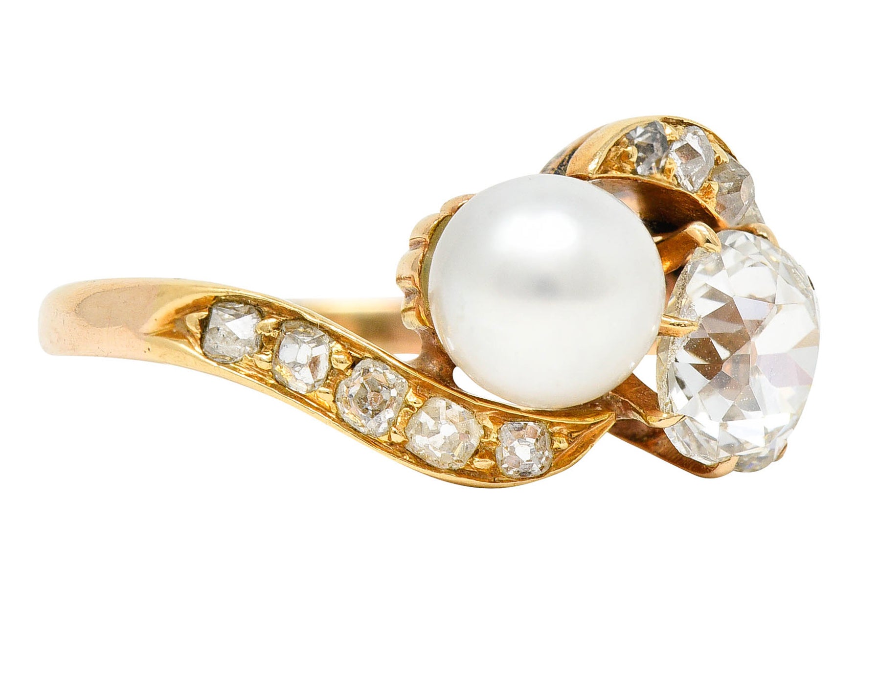 Victorian Pearl 0.88 CTW Diamond 14 Karat Gold Toi Et Moi Bypass RingRing - Wilson's Estate Jewelry